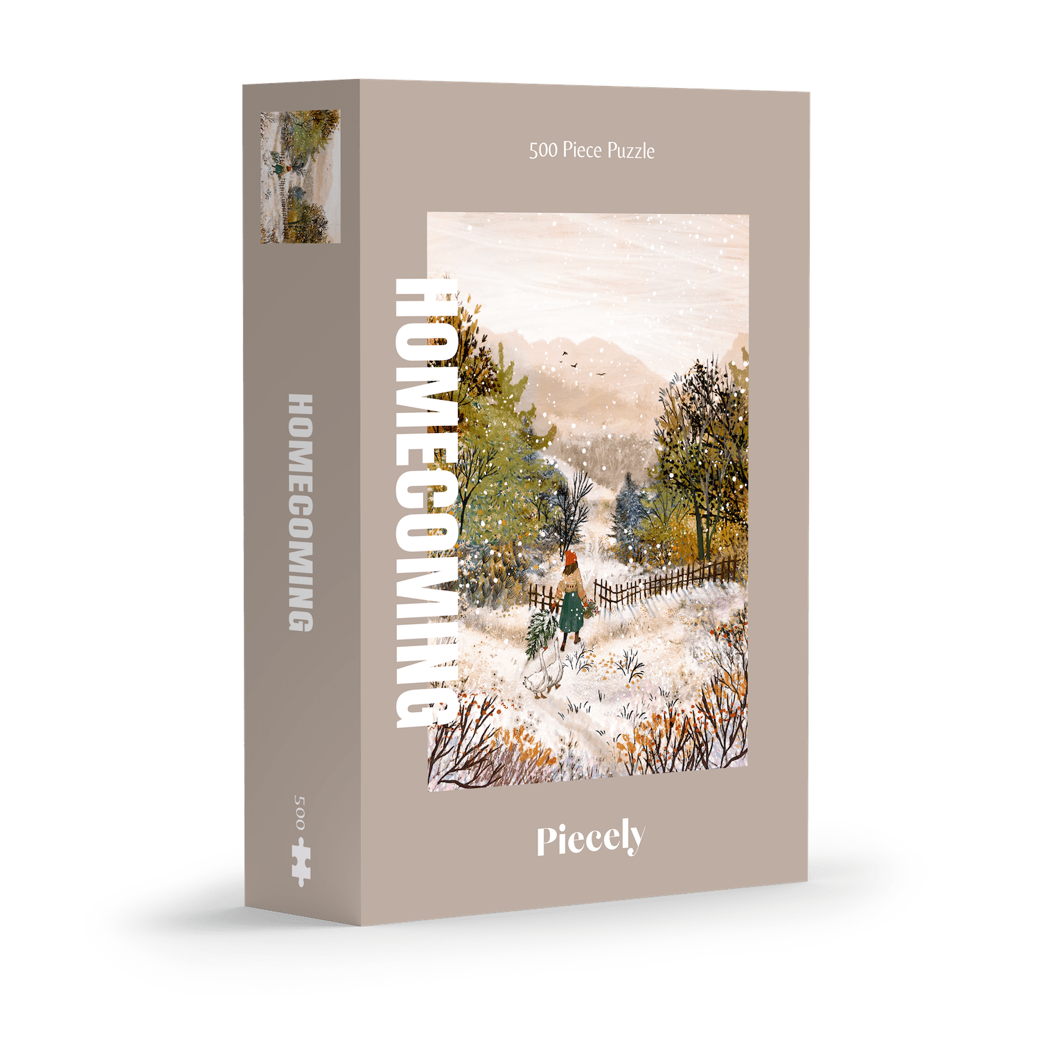 500-Teile-Puzzle „Homecoming“ von Piecely – Illustration einer winterlichen Landschaft mit Frau und zwei Gänsen auf einem verschneiten Weg, auf grauer Verpackung.