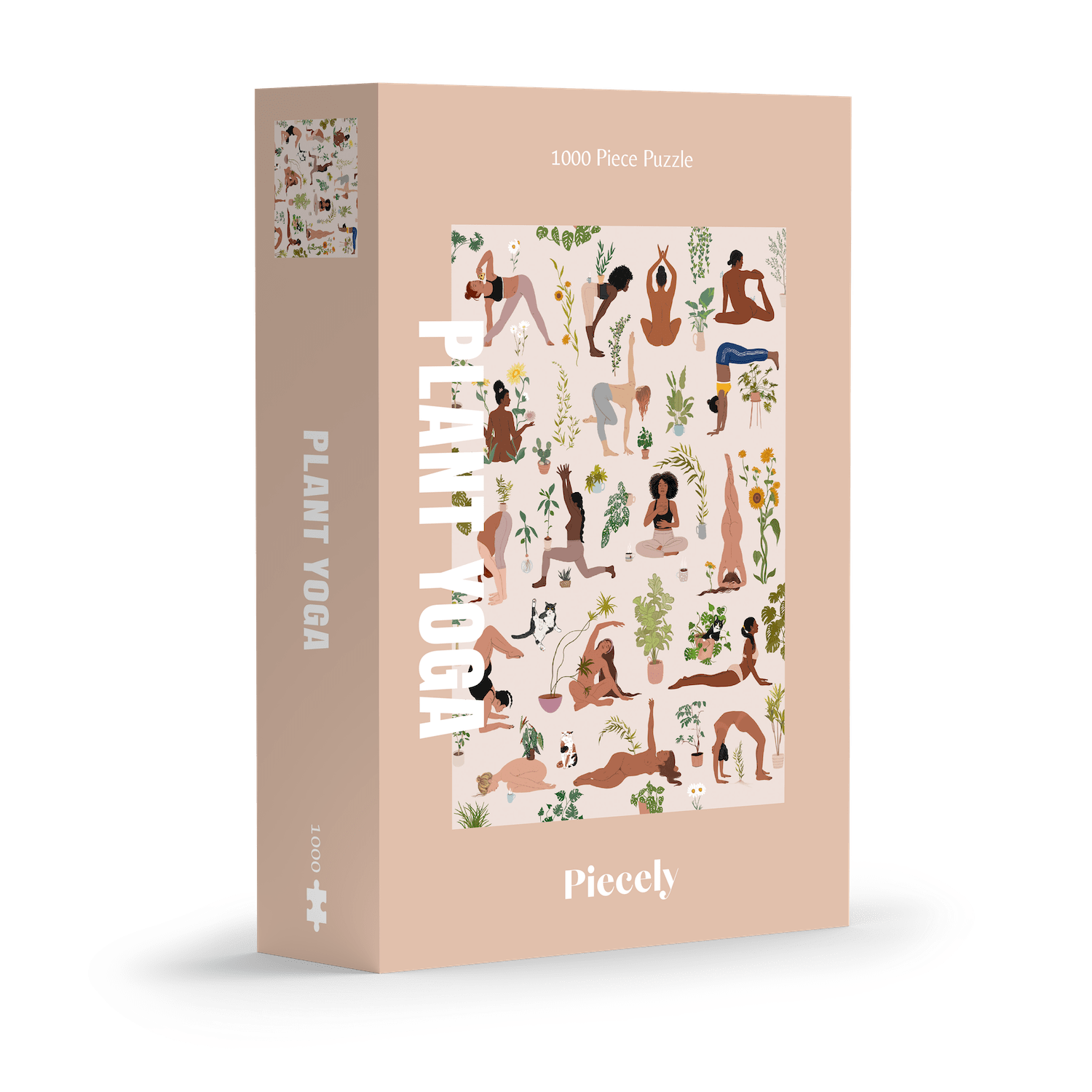 Die Verpackung des 1000-teiligen Puzzles „Plant Yoga“ von Piecely zeigt eine sanfte rosa Box mit einer Illustration im Zentrum. Abgebildet sind zahlreiche Frauen mit unterschiedlichen Hauttönen in verschiedenen Yoga-Posen, umgeben von Zimmerpflanzen, Blättern und Töpfen. Die Szene wirkt ruhig, modern und vielfältig. Der Titel „Plant Yoga“ steht groß in weißer Schrift vertikal am linken Rand der Vorderseite.