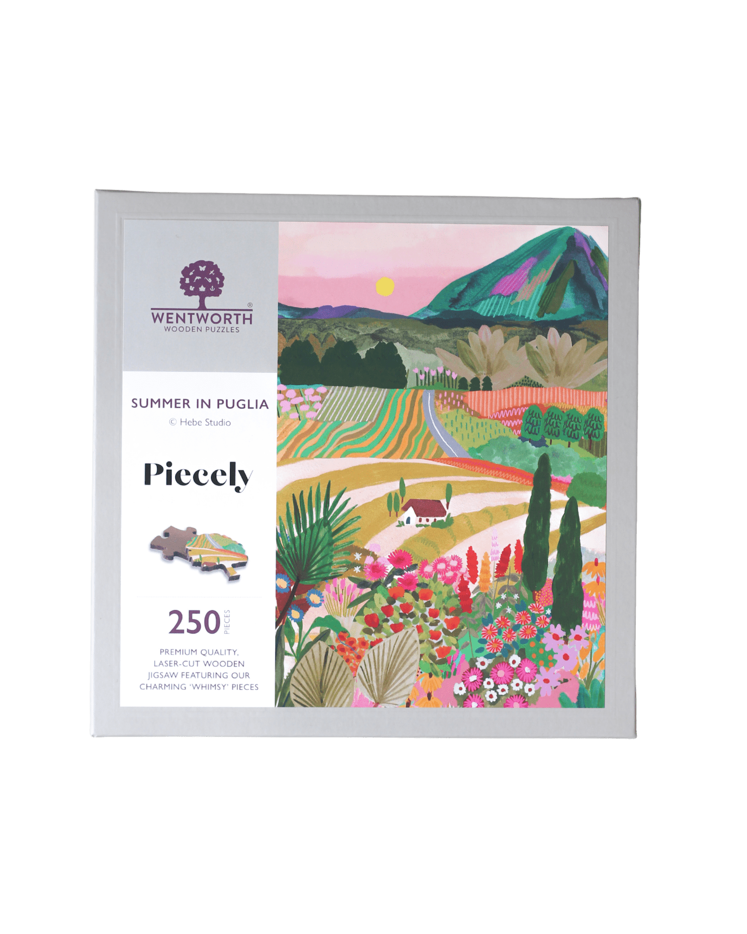 250-Teile-Holzpuzzle „Summer in Puglia“ von Piecely – Illustration einer mediterranen Sommerlandschaft mit Blumen, Feldern und Bergen, von Hebe Studio.