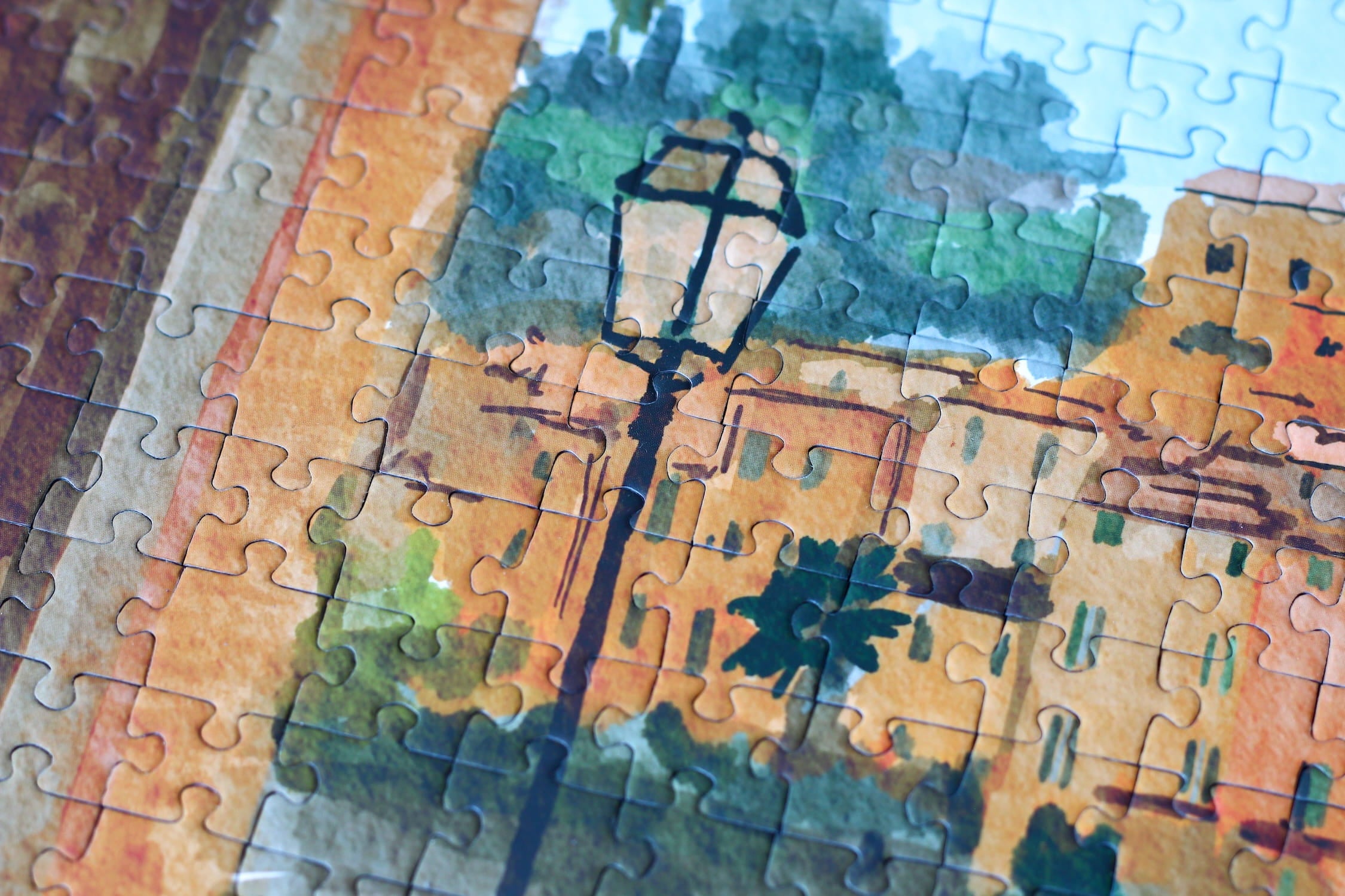 Illustration eines Balkons mit Blick auf das Meer, Segelboote und die Stadt Menton in Südfrankreich, als 1000-Teile Puzzle von Piecely