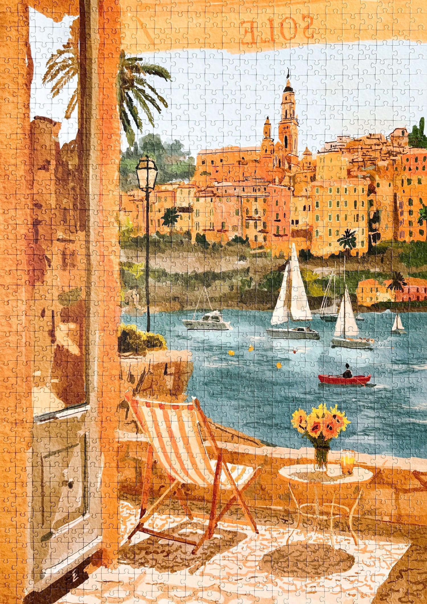 Illustration eines Balkons mit Blick auf das Meer, Segelboote und die Stadt Menton in Südfrankreich, als 1000-Teile Puzzle von Piecely