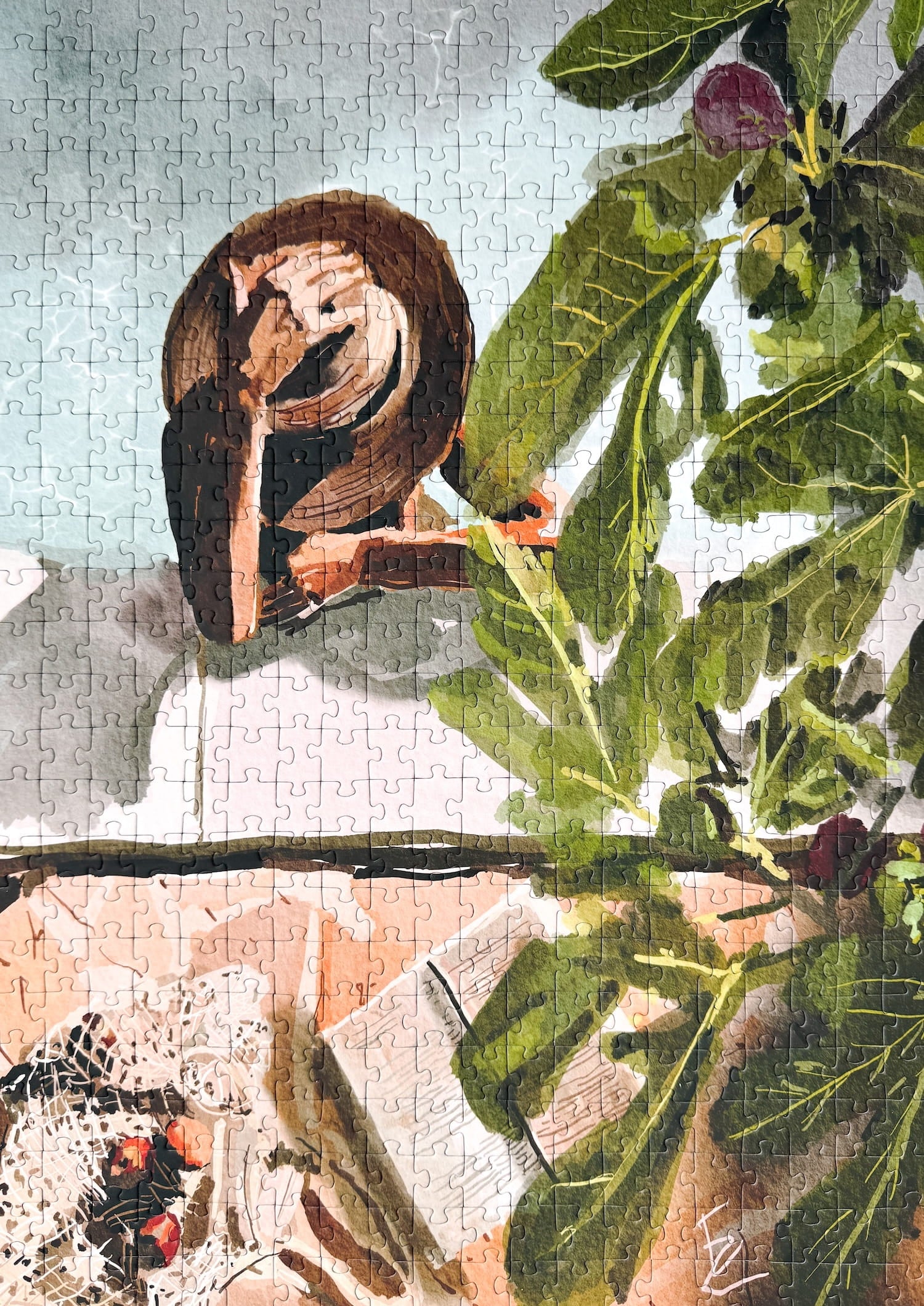 Illustration einer Frau am Pool mit Pflanzen und Buch in ruhiger Atmosphäre, als 500-Teile Puzzle ‚Pool Break‘ von Piecely