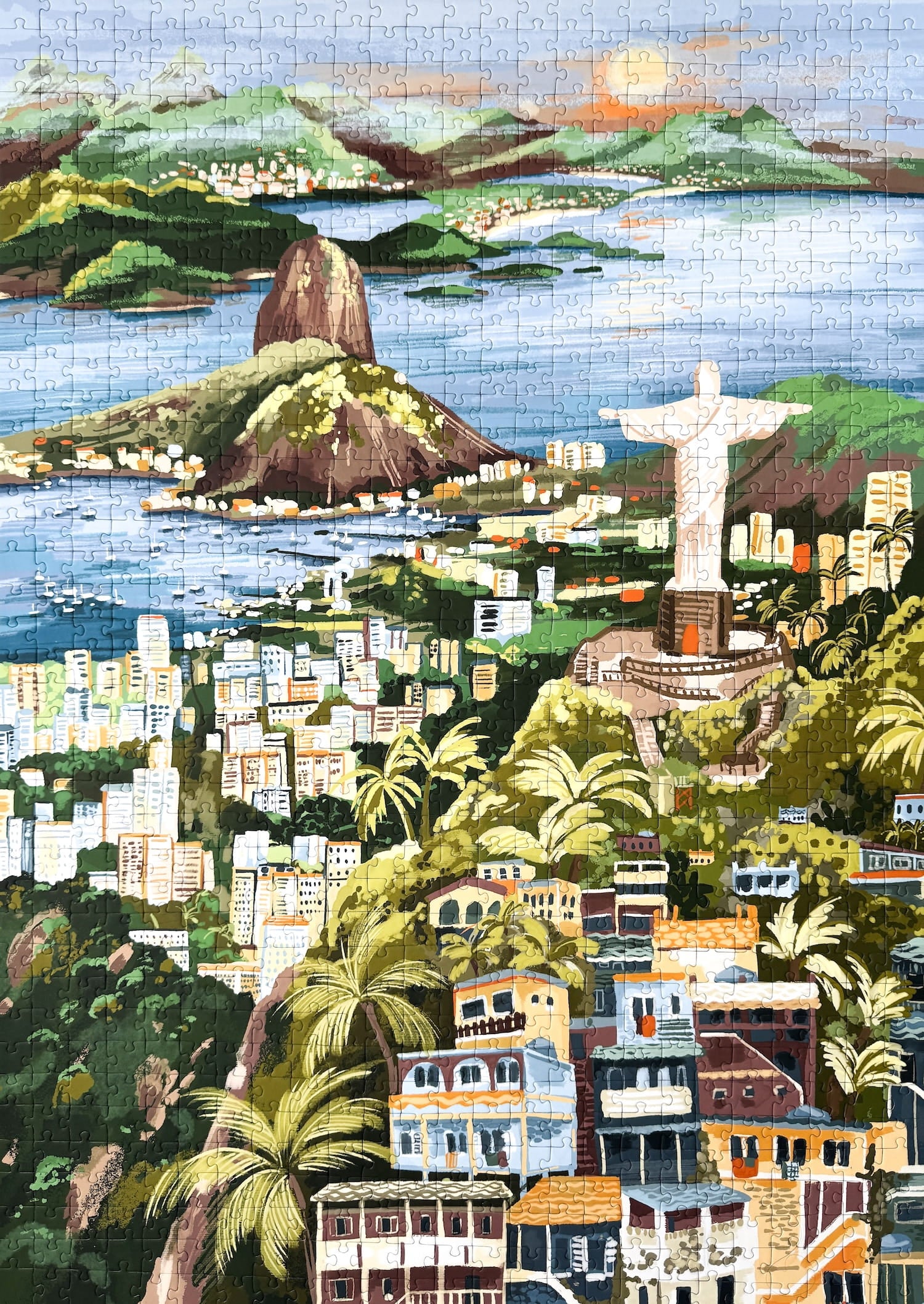 Illustration von Rio de Janeiro mit Christusstatue, Küste, Bergen und Stadtansicht, als 1000-Teile Puzzle von Piecely