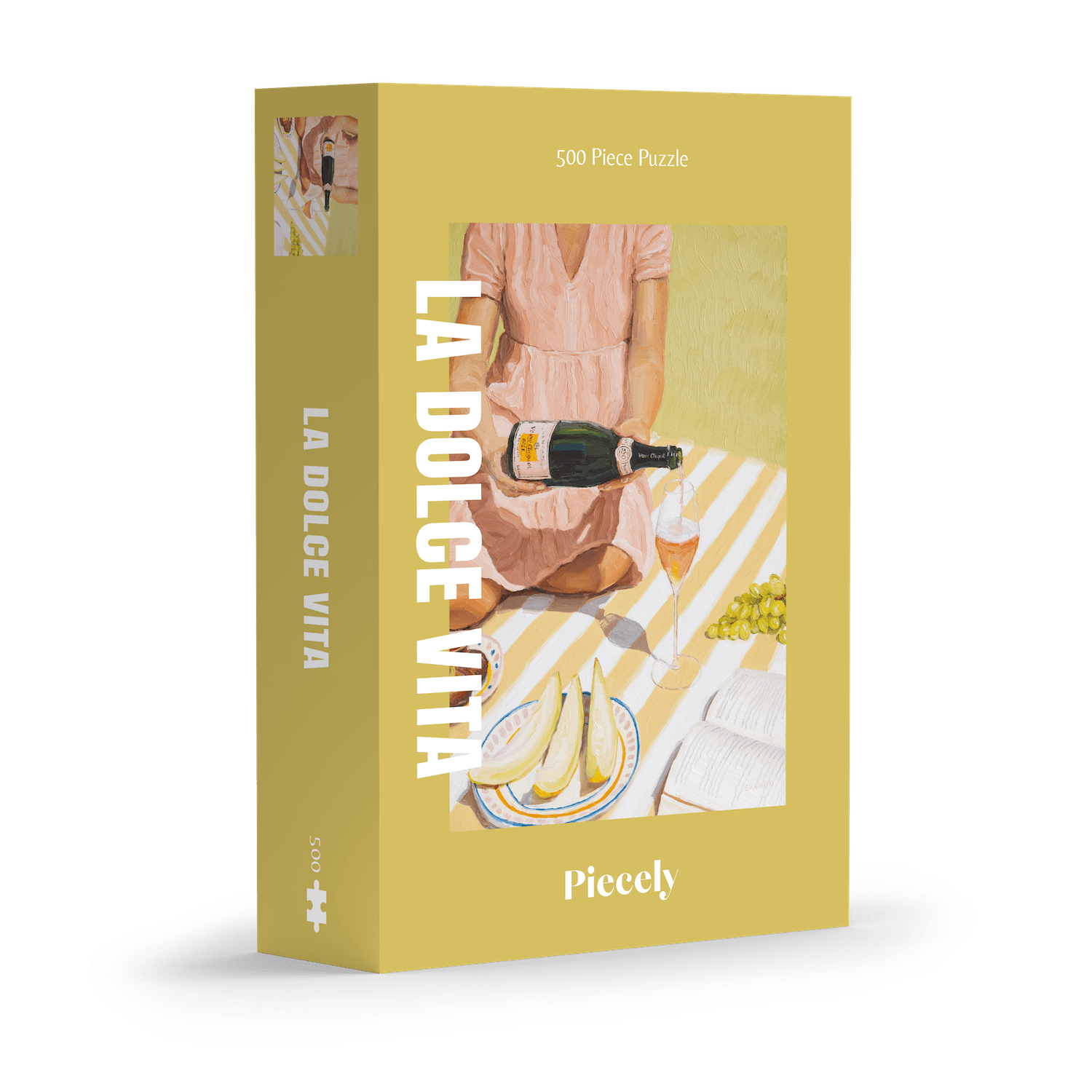 500-teiliges Puzzle für Erwachsene, das eine Frau beim Picknicken von Trauben, Feigen, Melone und Champagner zeigt.