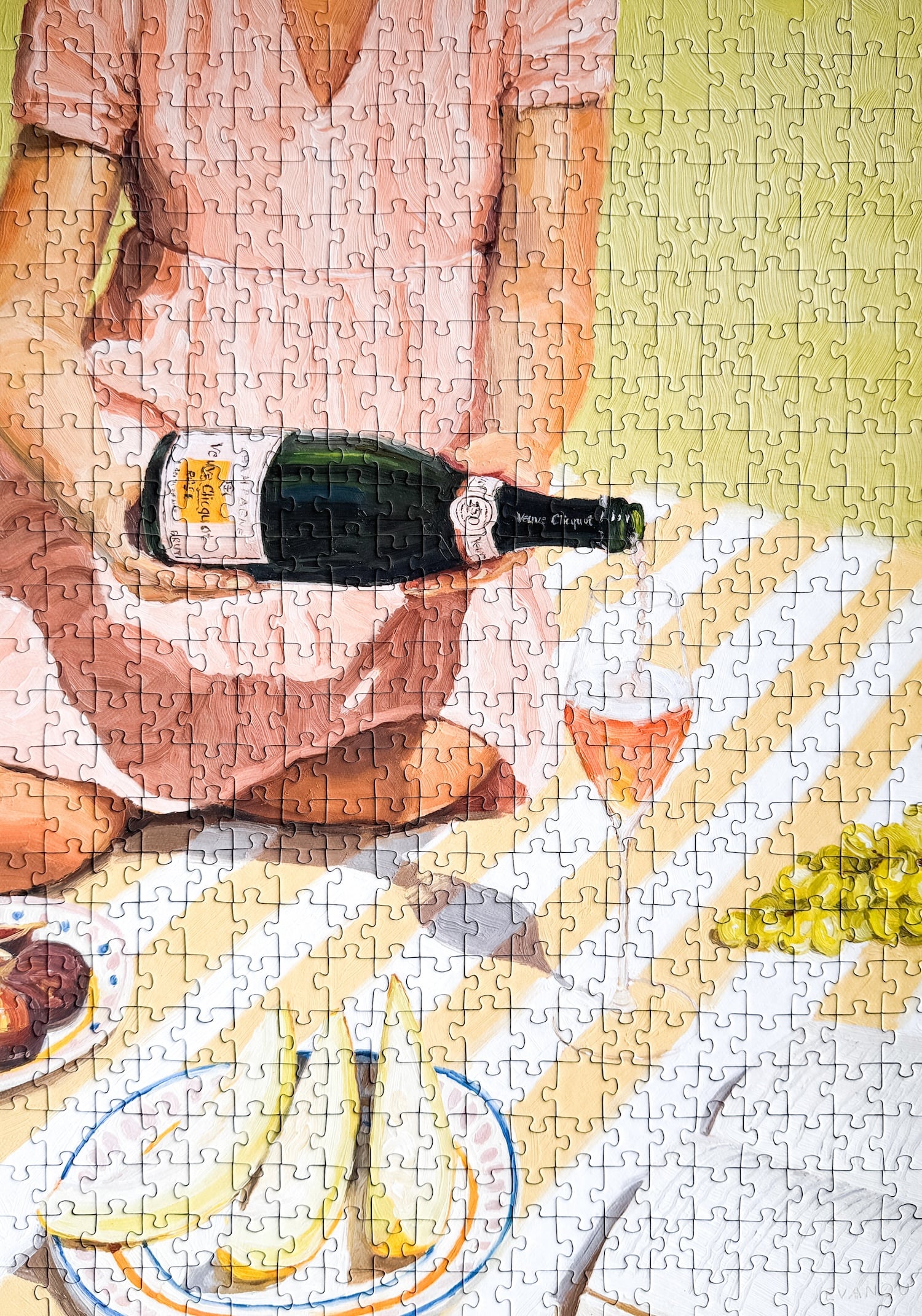 500-teiliges Puzzle für Erwachsene, das eine Frau beim Picknicken von Trauben, Feigen, Melone und Champagner zeigt.