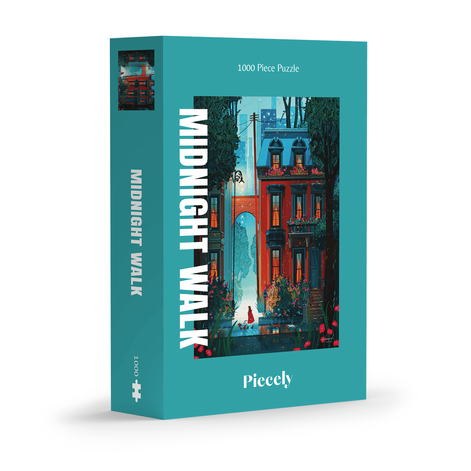 1000-teiliges Puzzle für Erwachsene, das ein Mädchen im roten Mantel zeigt, das mit ihrem Hund durch die Straßen New Yorks Gassi geht. Es ist Nacht und die Straße ist durch die Straßenlaternen hell erleuchtet.
