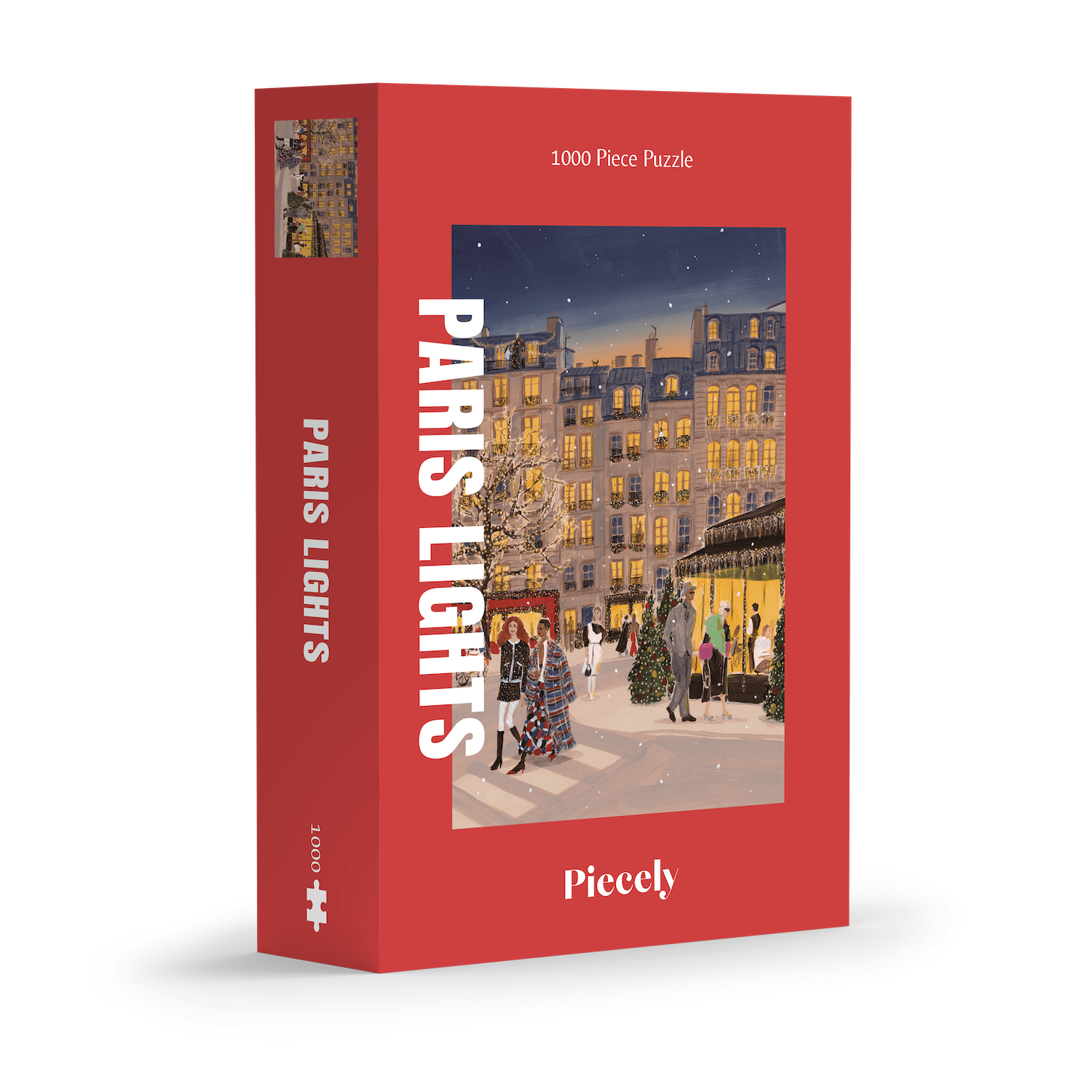 Plastikfreies Puzzle für Erwachsene, das Paris zur Weihnachtszeit zeigt. Stylisch gekleidete Menschen schlendern durch die Straßen und Bäume und Häuser sind mit leuchtenden Lichterketten geschmückt.