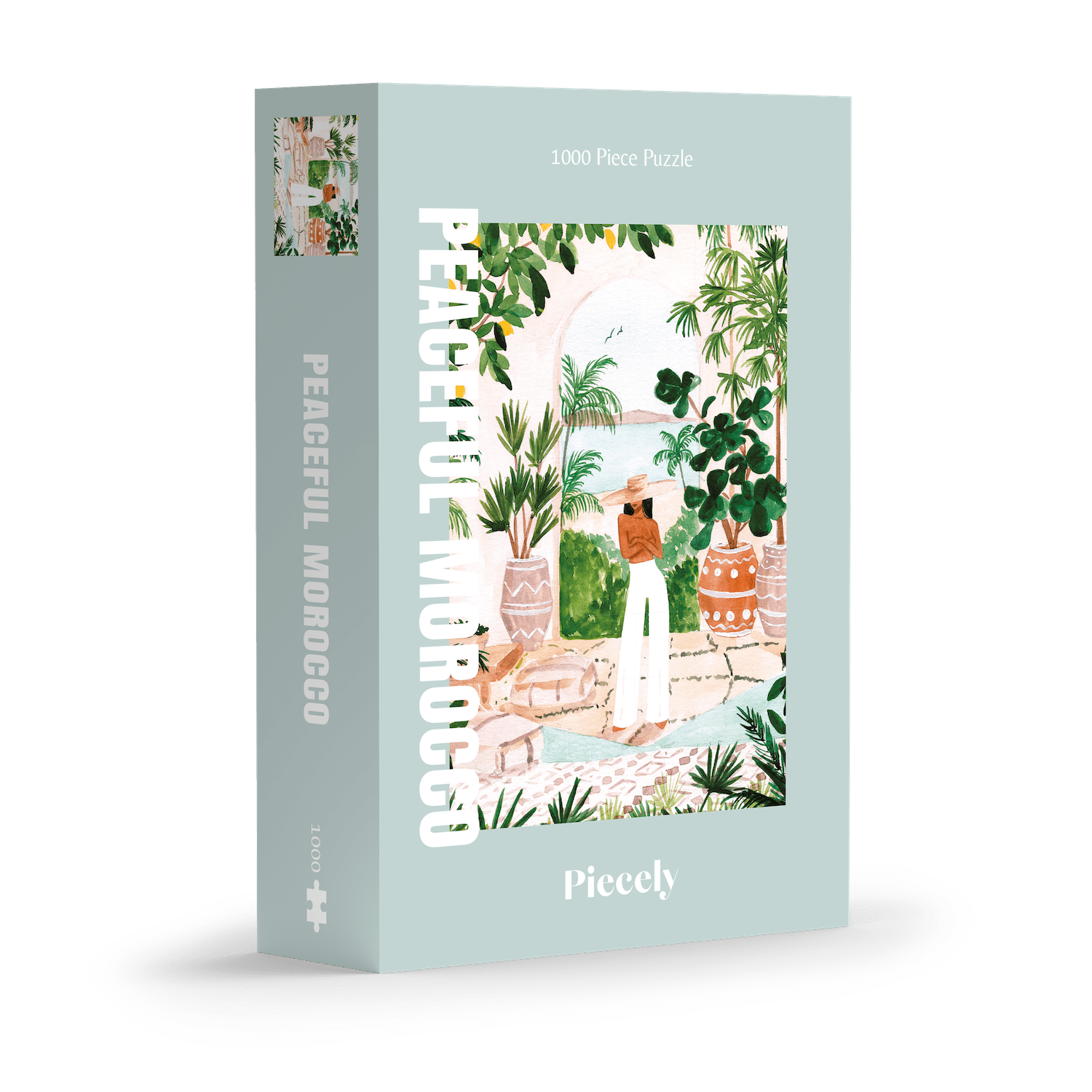 Außergewöhnliches Puzzle für Erwachsene mit einer Illustration von einer Frau in Marokko umgeben von Meer, tropischen Pflanzen und Zitronen.