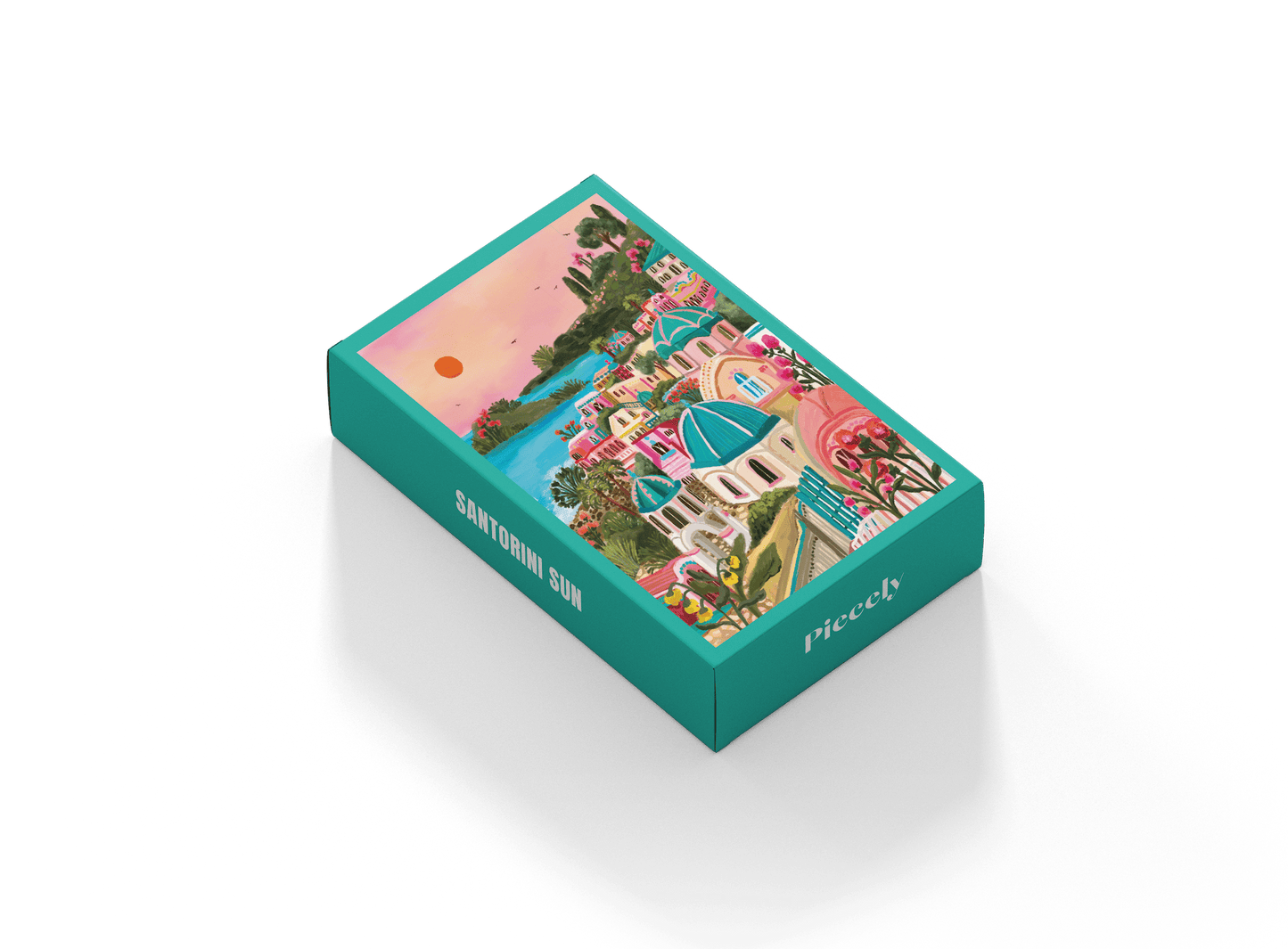 99-teiliges Minipuzzle für Erwachsene, das den griechischen Ort Santorini bei Sonnenuntergang zeigt.