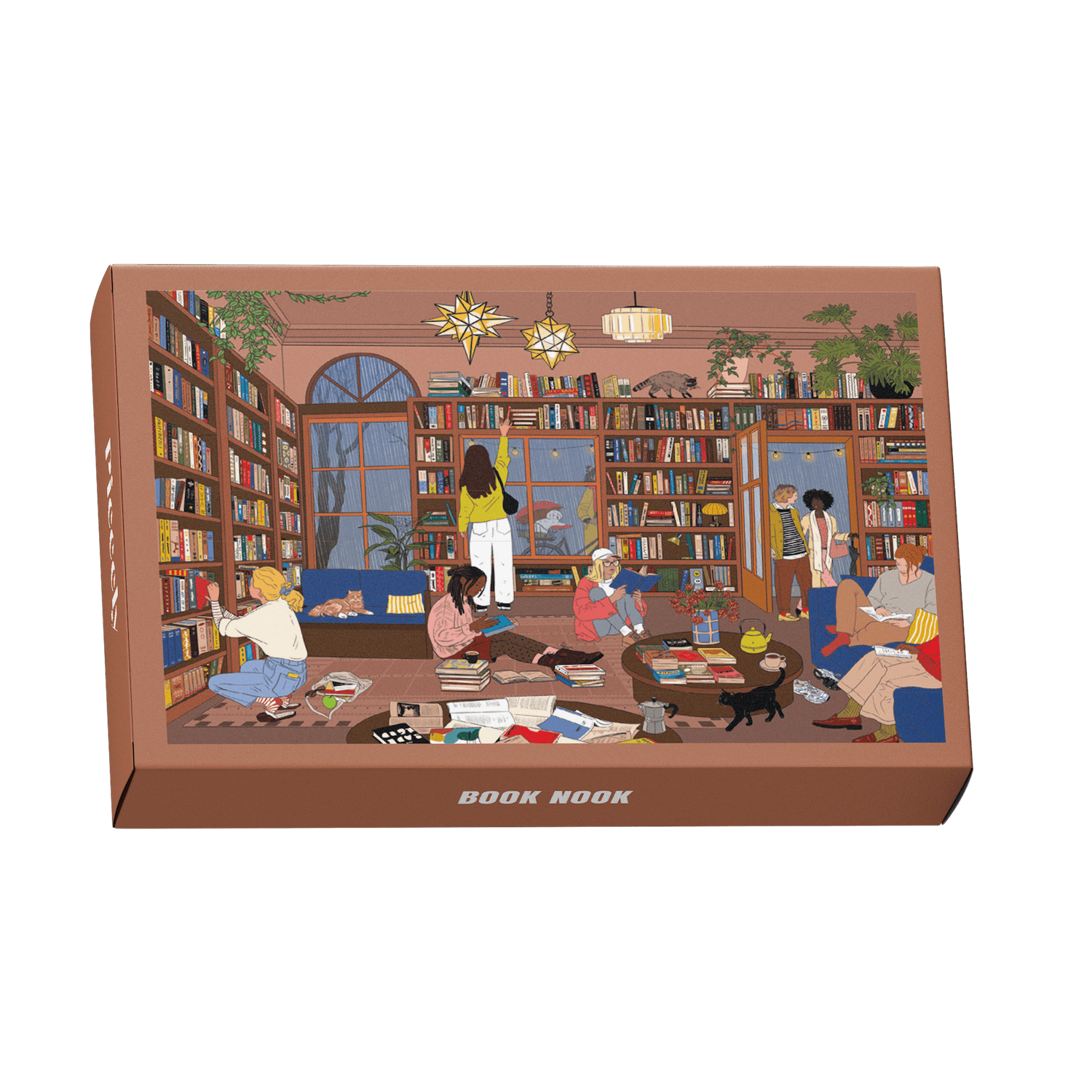 99-Teile-Mini-Puzzle „Book Nook“ von Piecely – Illustration eines gemütlichen Leseraums mit Bücherregalen und Menschen beim Lesen, auf brauner Verpackung.