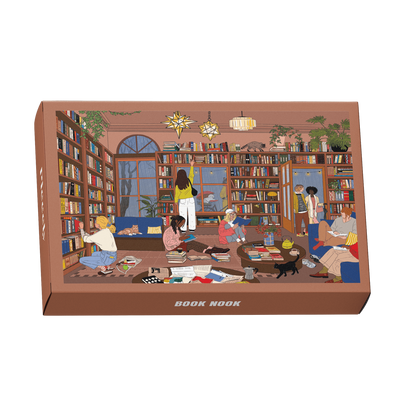 99-Teile-Mini-Puzzle „Book Nook“ von Piecely – Illustration eines gemütlichen Leseraums mit Bücherregalen und Menschen beim Lesen, auf brauner Verpackung.