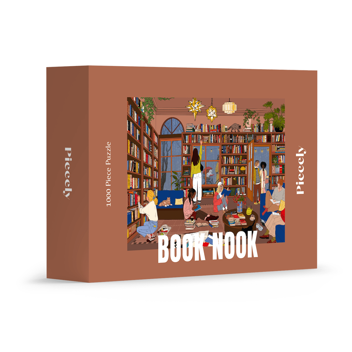 1000-Teile-Puzzle „Book Nook“ von Piecely – Illustration einer gemütlichen Bibliothek mit Bücherregalen, Lesenden und warmem Licht, auf brauner Verpackung.