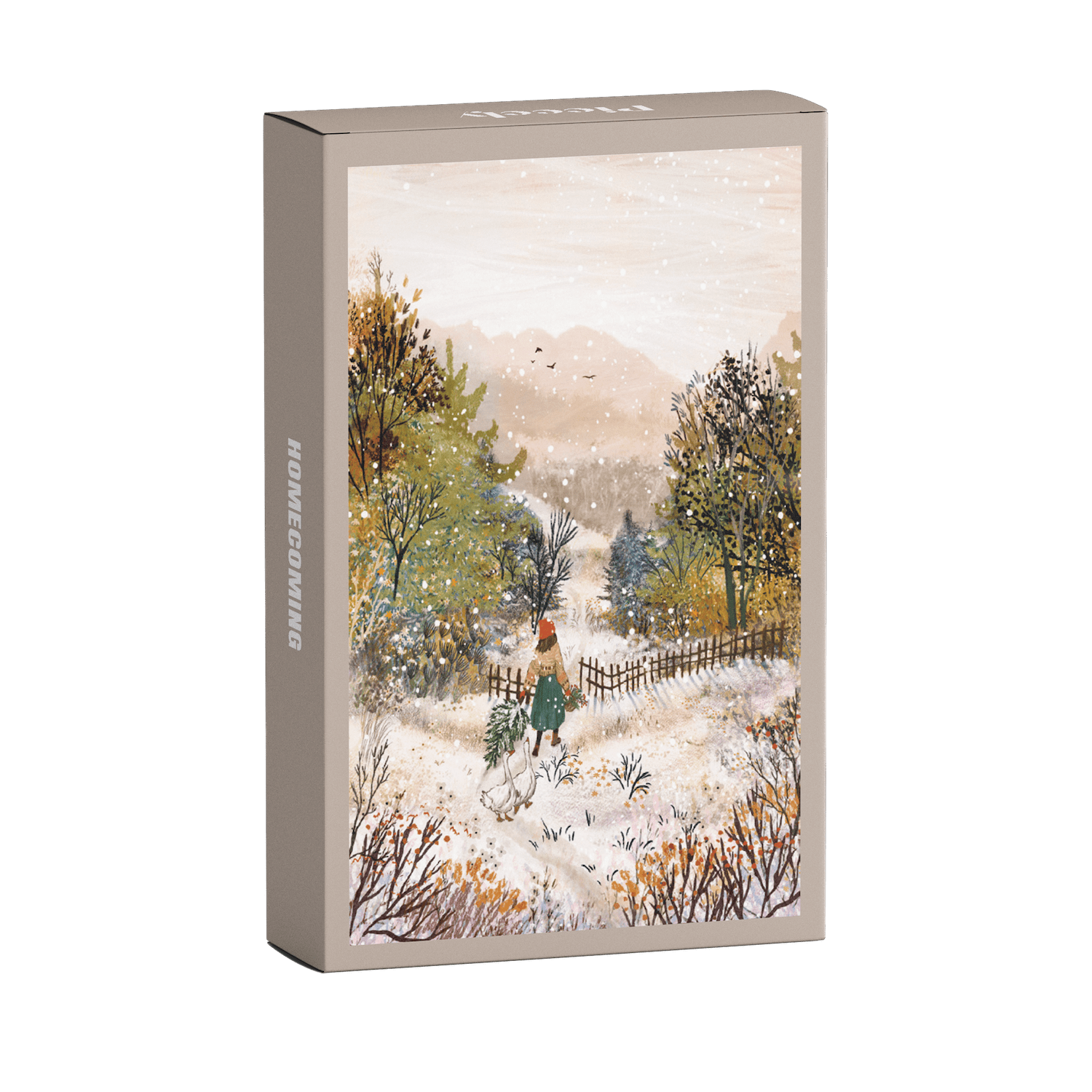 99-Teile-Mini-Puzzle „Homecoming“ von Piecely – Illustration einer winterlichen Landschaft mit Frau, zwei Gänsen und Weihnachtsbaum, auf grauer Verpackung