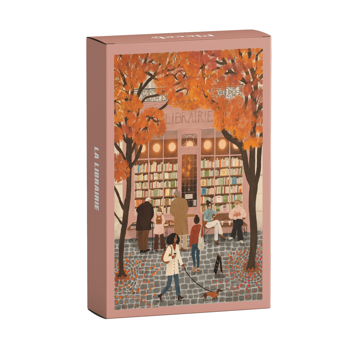 99-Teile-Mini-Puzzle „La Librairie“ von Piecely – Illustration einer herbstlichen Straßenszene vor einer Pariser Buchhandlung, auf rosafarbener Verpackung.