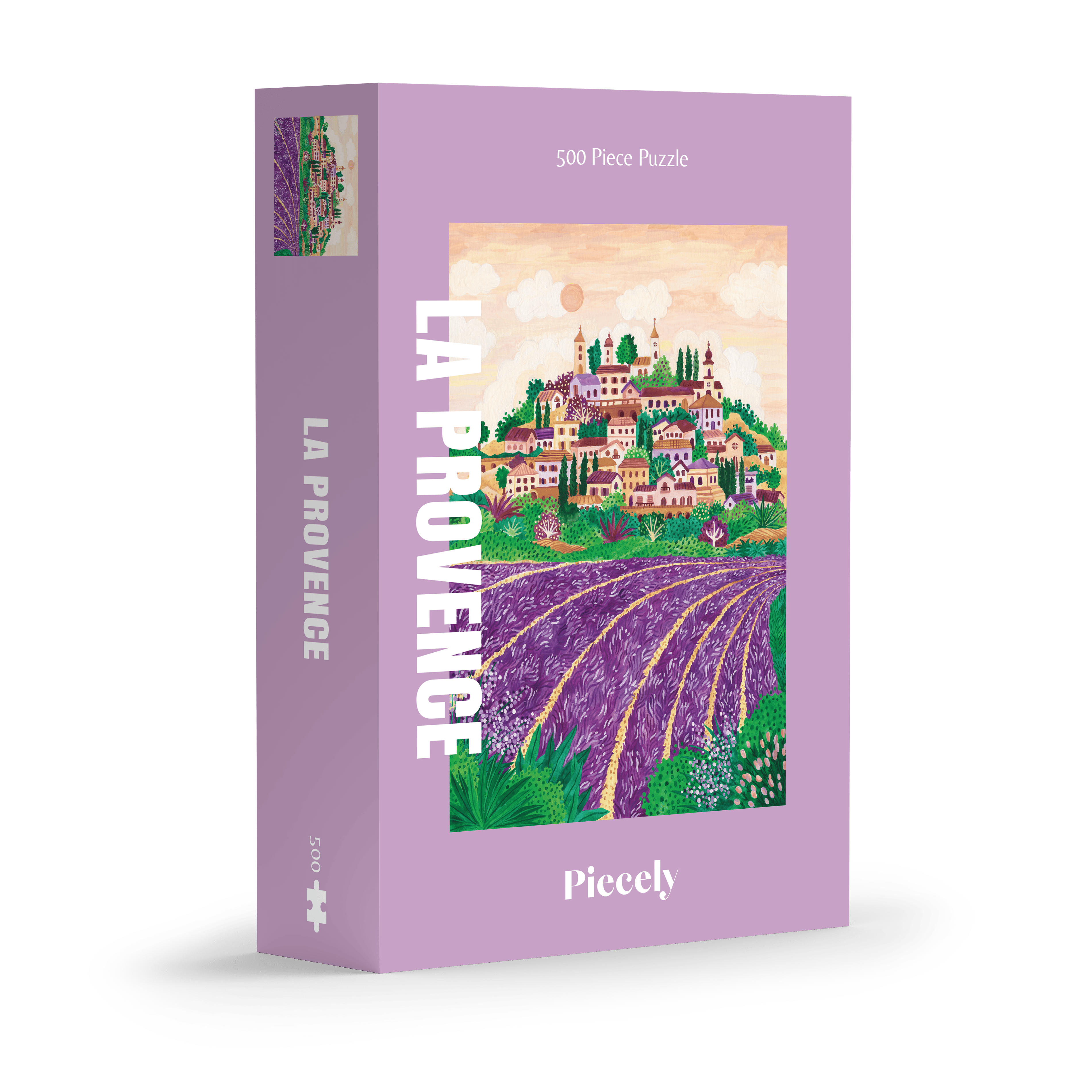 Illustration eines provenzalischen Dorfes auf einem Hügel, umgeben von blühenden Lavendelfeldern bei Sonnenuntergang, als 500-Teile Puzzle von Piecely