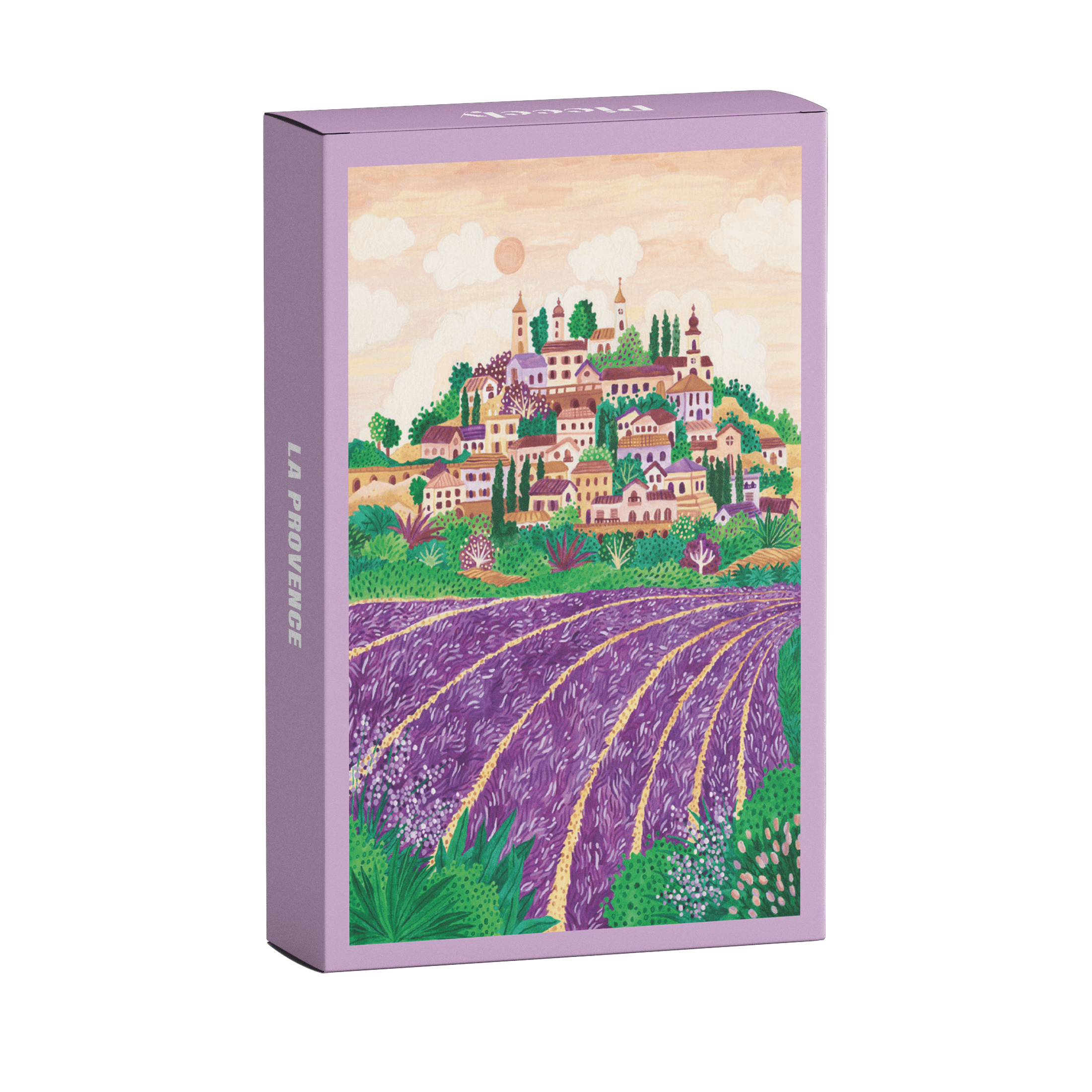 Illustration eines provenzalischen Dorfes mit Lavendelfeldern im Sonnenuntergang, als 99-Teile Minipuzzle von Piecely