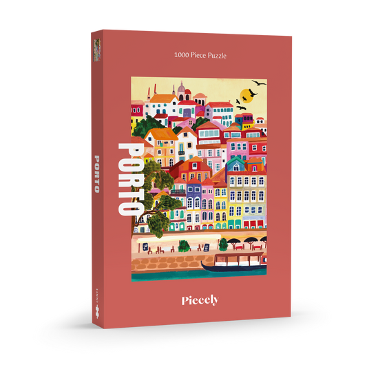 Außergewöhnliches Puzzle für Erwachsene mit 1000 Teilen, das die portugiesische Stadt Porto mit ihren bunten Häusern zeigt.