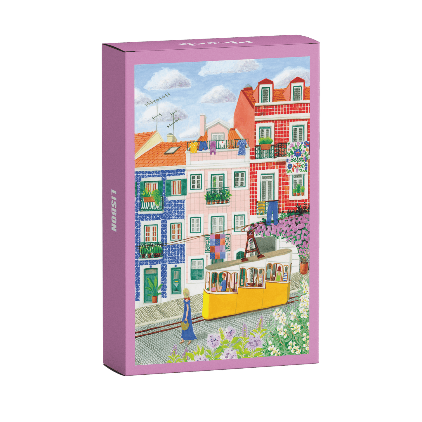 99-Teile-Mini-Puzzle „Lisbon“ von Piecely – Illustration einer farbenfrohen Straßenszene in Lissabon mit gelber Straßenbahn, auf pinker Verpackung.