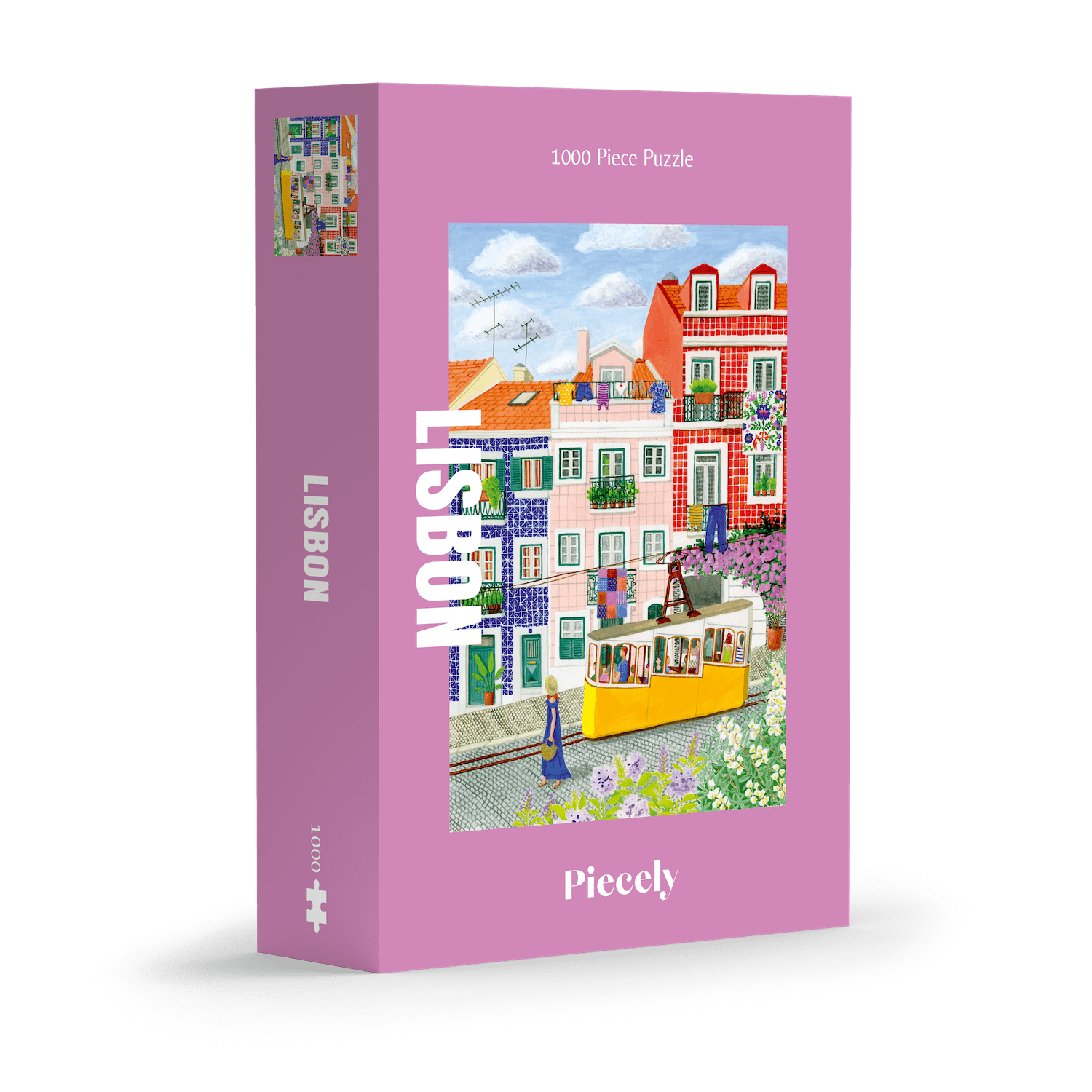 1000-Teile-Puzzle „Lisbon“ von Piecely – Illustration einer farbenfrohen Straßenszene in Lissabon mit gelber Straßenbahn und bunten Häusern, auf pinker Verpackung.