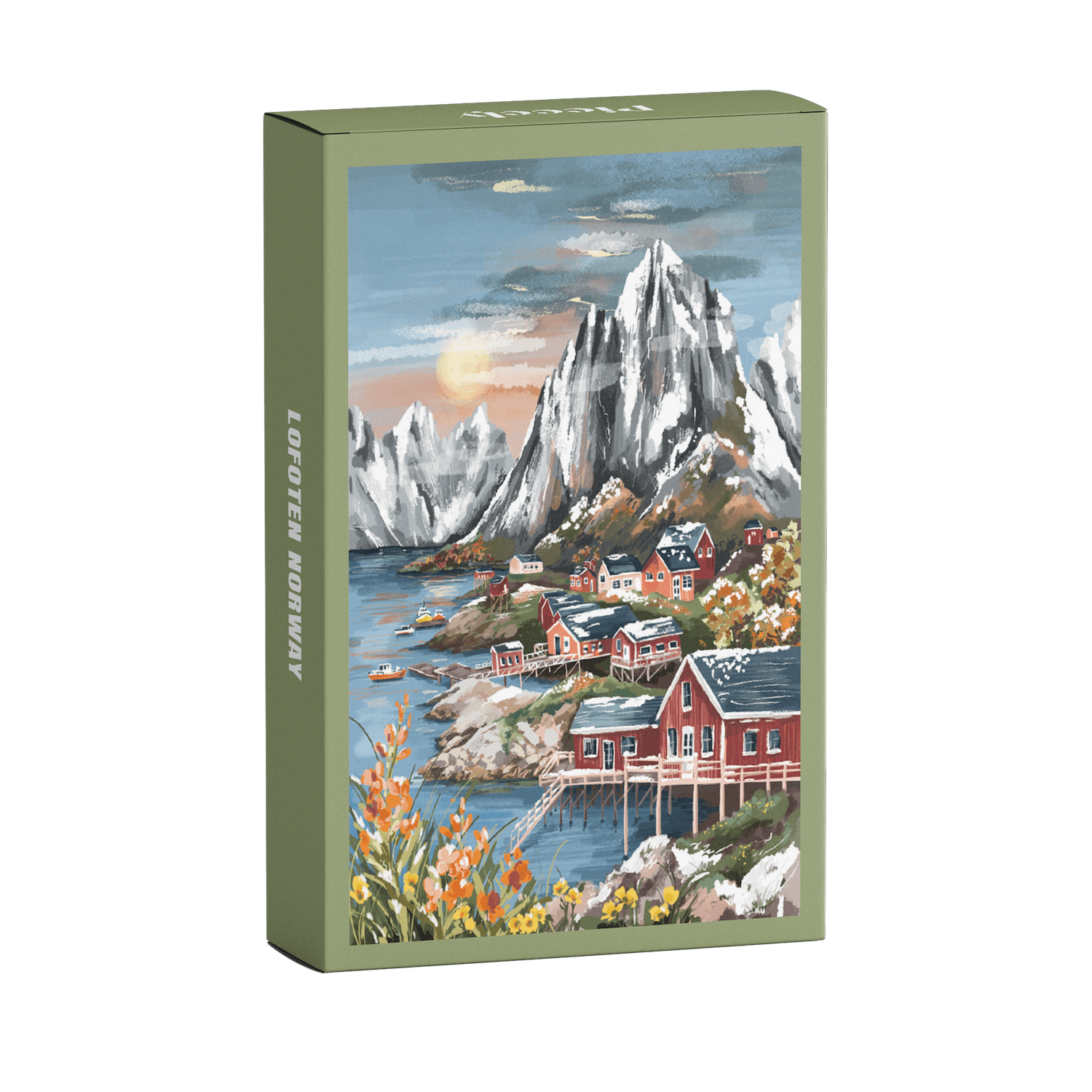99-Teile-Mini-Puzzle „Lofoten Norway“ von Piecely – Illustration einer norwegischen Küstenlandschaft mit Bergen, roten Häusern und Meer, auf olivgrüner Verpackung.