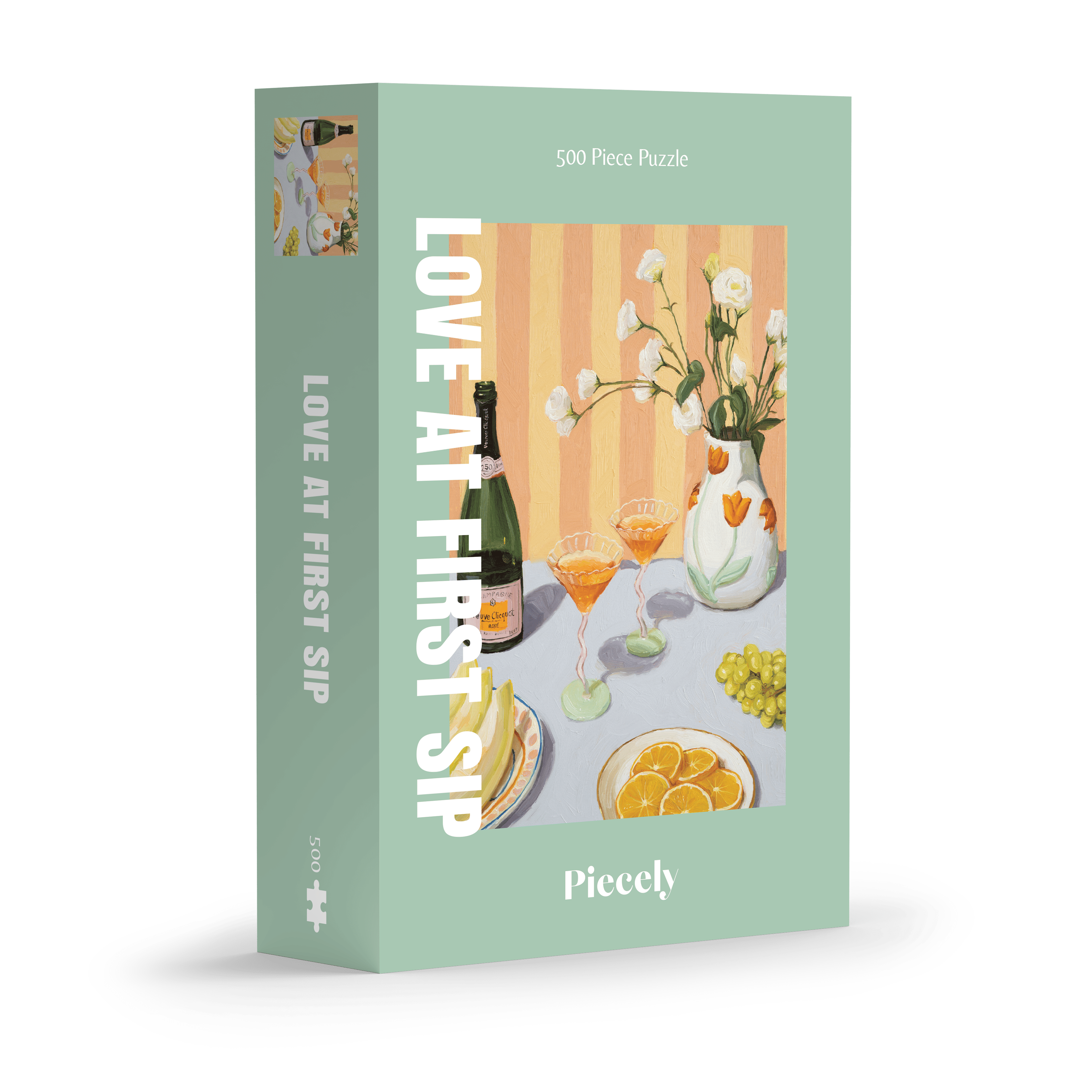 Illustration eines gedeckten Tisches mit Getränken, Orangen, Trauben und Blumen in Vase, als 500-Teile Puzzle ‚Love At First Sip‘ von Piecely