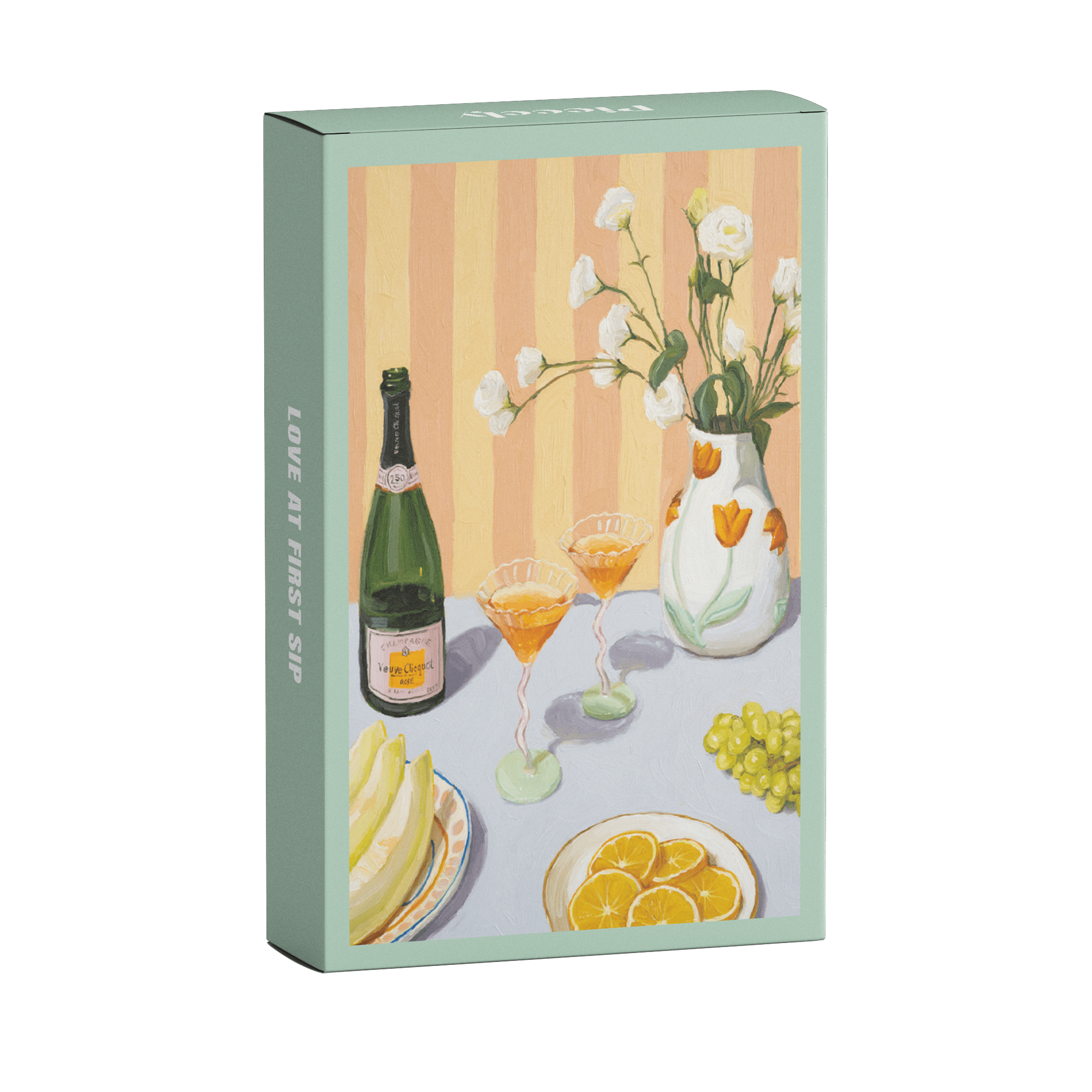 Illustration eines gedeckten Tisches mit Drinks, Orangen, Trauben und Blumen, als 99-Teile Minipuzzle ‚Love At First Sip‘ von Piecely