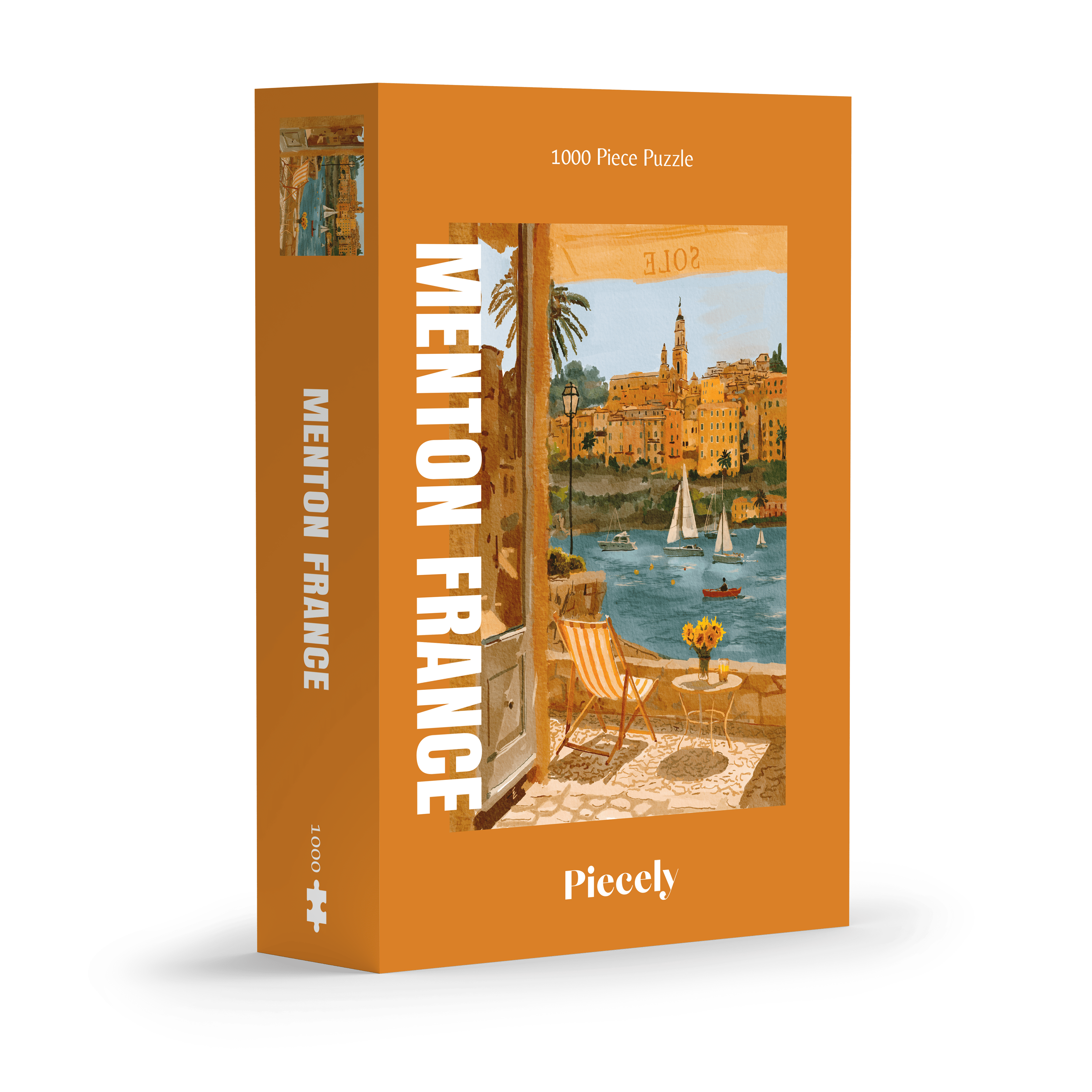 Illustration eines Balkons mit Blick auf das Meer, Segelboote und die Stadt Menton in Südfrankreich, als 1000-Teile Puzzle von Piecely