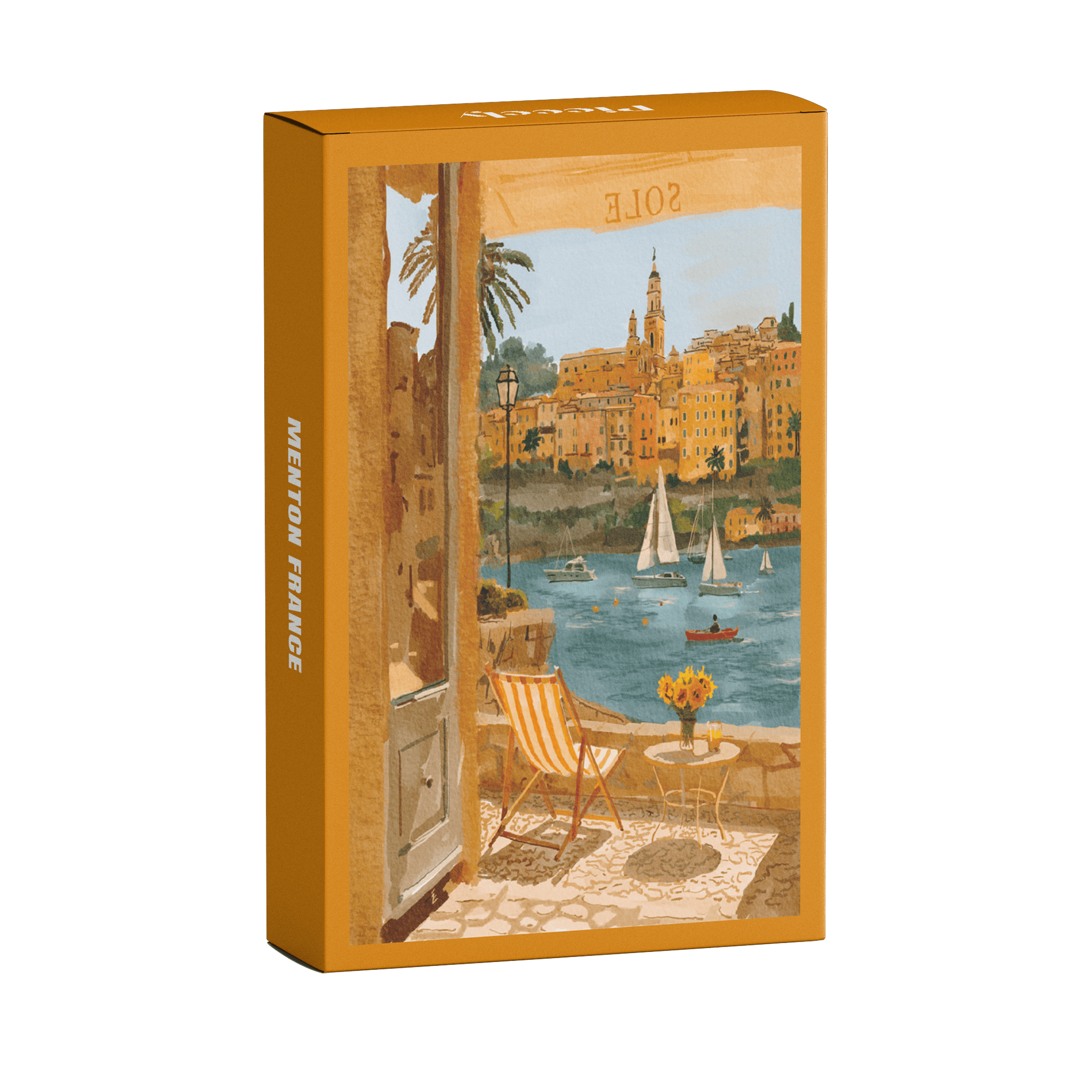 Illustration eines Balkons mit Blick auf Meer, Segelboote und die Stadt Menton in Südfrankreich, als 99-Teile Minipuzzle von Piecely