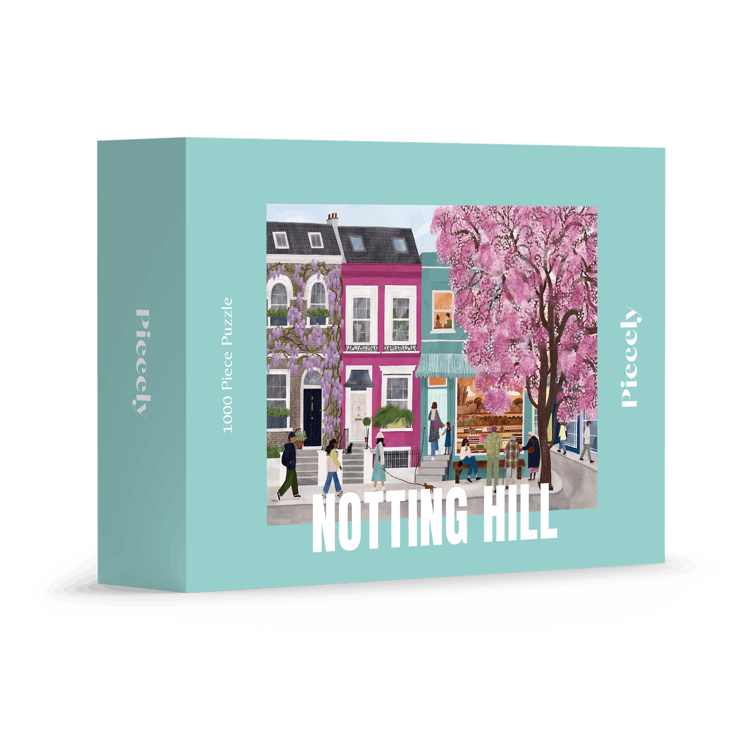 Illustration bunter Häuser in Notting Hill mit Kirschblütenbaum und Menschen auf der Straße, als 1000-Teile Puzzle von Piecely
