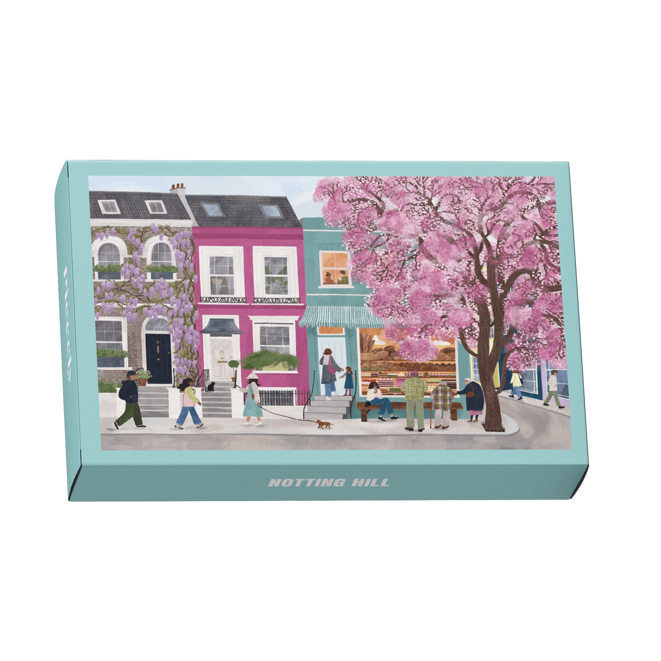 Illustration bunter Häuser in Notting Hill mit Kirschblütenbaum und Straßenszene, als 99-Teile Minipuzzle von Piecely