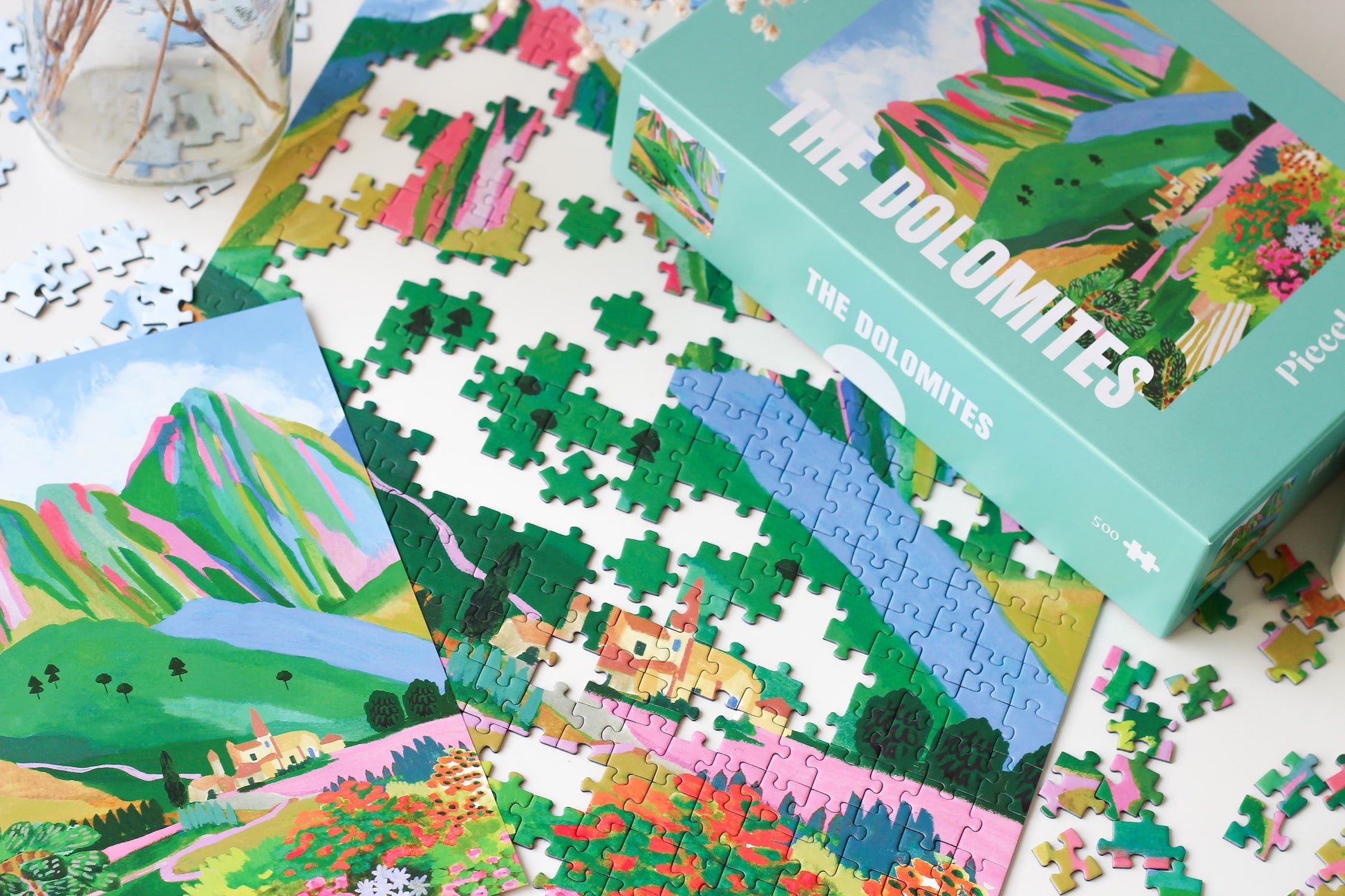 Außergewöhnliches 500-Teile-Puzzle für Erwachsene, das die Dolomiten in bunten Farben zeigt.