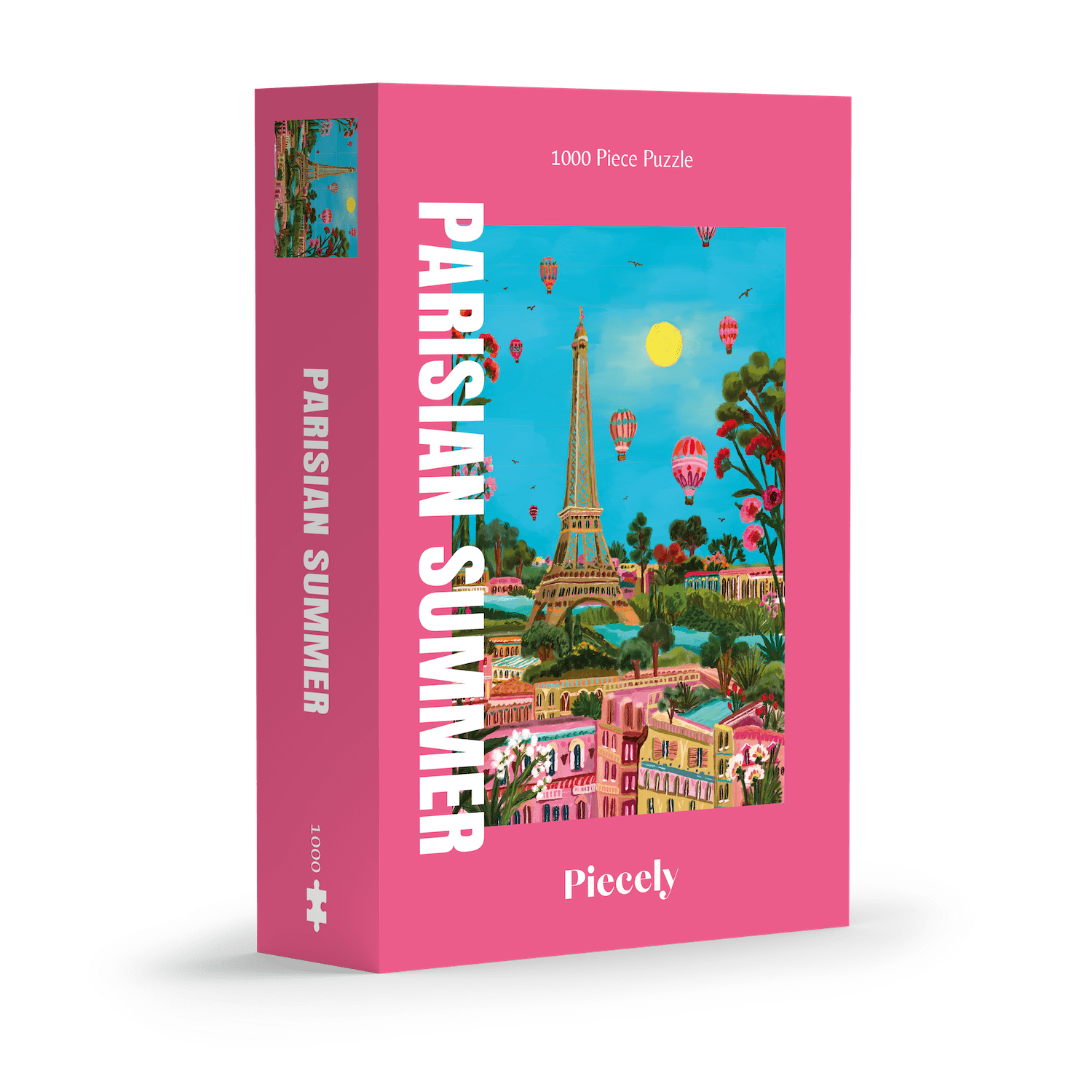 Die Verpackung des 1000-teiligen Puzzles „Parisian Summer“ von Piecely zeigt eine kräftig pinke Box mit einer farbenfrohen Illustration. Im Zentrum steht der Eiffelturm, umgeben von sommerlich grünen Bäumen, bunten Häusern und blühenden Blumen. Mehrere Heißluftballons fliegen durch den blauen Himmel. Der Titel „PARISIAN SUMMER“ ist groß und weiß vertikal am linken Rand der Vorderseite platziert.