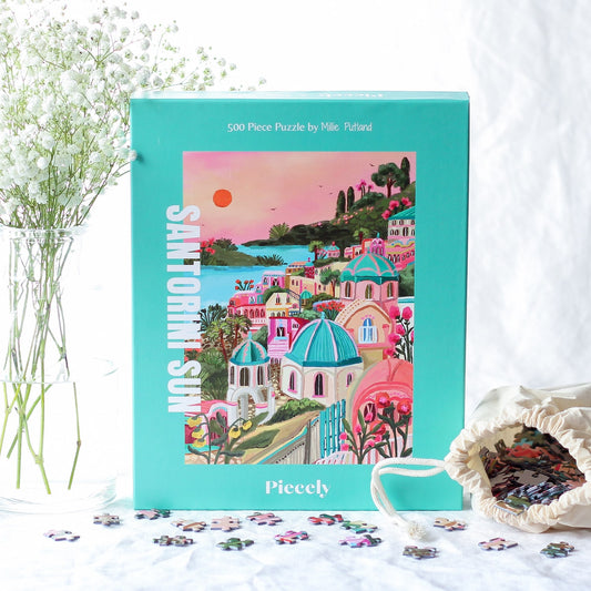 500-teiliges Puzzle für Erwachsene, das den griechischen Ort Santorini bei Sonnenuntergang zeigt.