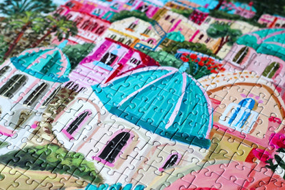 500-teiliges Puzzle für Erwachsene, das den griechischen Ort Santorini bei Sonnenuntergang zeigt.