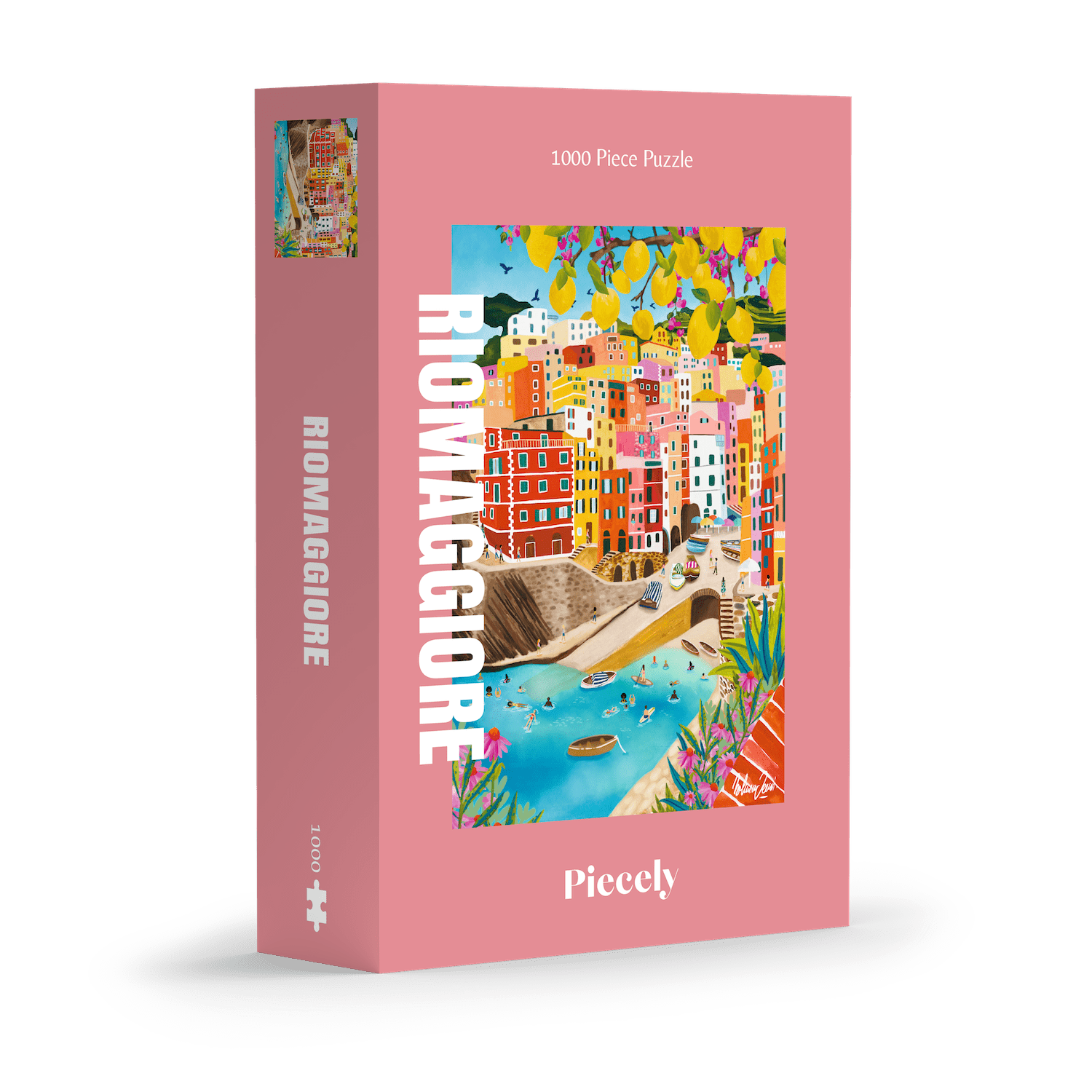 Abgebildet ist die Verpackung eines 1000-teiligen Puzzles mit dem Titel „Riomaggiore“ der Marke Piecely. Die Box ist in einem kräftigen Rosaton gehalten. Auf der Vorderseite ist eine farbenfrohe Illustration des italienischen Küstenorts Riomaggiore zu sehen, einem der Dörfer der Cinque Terre.

Die Szene zeigt bunte Häuser in Rot, Gelb, Rosa und Weiß, die sich über einem kleinen Hafenbecken erheben. Im Vordergrund schwimmen Menschen im türkisblauen Wasser, Boote liegen im Hafen.