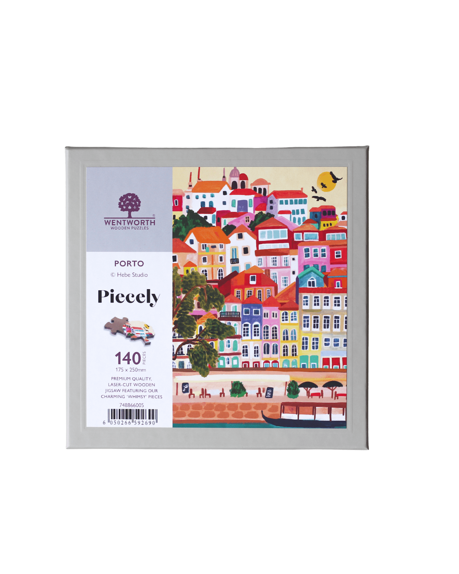 140-Teile-Holzpuzzle „Porto“ von Piecely – Illustration farbenfroher Häuser und Stadtszene am Fluss Douro, von Hebe Studio.