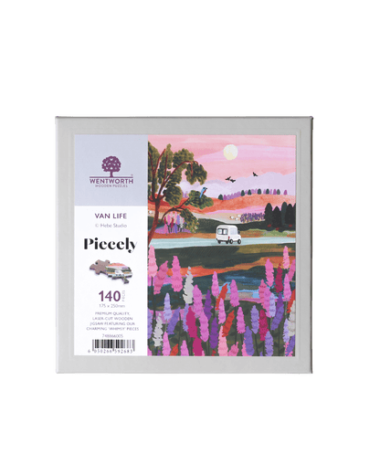 140-Teile-Holzpuzzle „Van Life“ von Piecely – Illustration eines Campers in farbenfroher Landschaft bei Sonnenuntergang, von Hebe Studio.