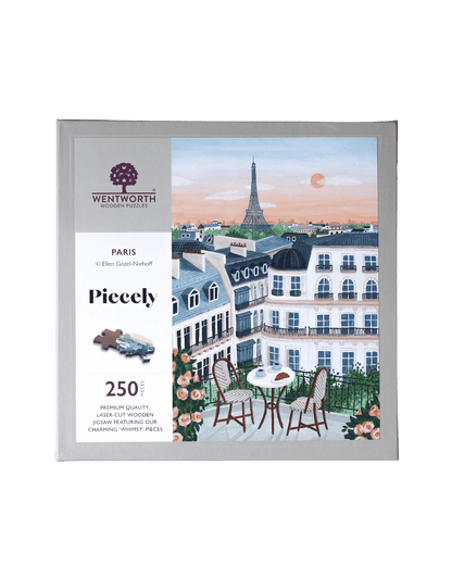250-Teile-Holzpuzzle „Paris“ von Piecely – Illustration eines Pariser Balkons mit Frühstückstisch, Rosen und Eiffelturm im Hintergrund, von Ellen Gözel-Niehoff.