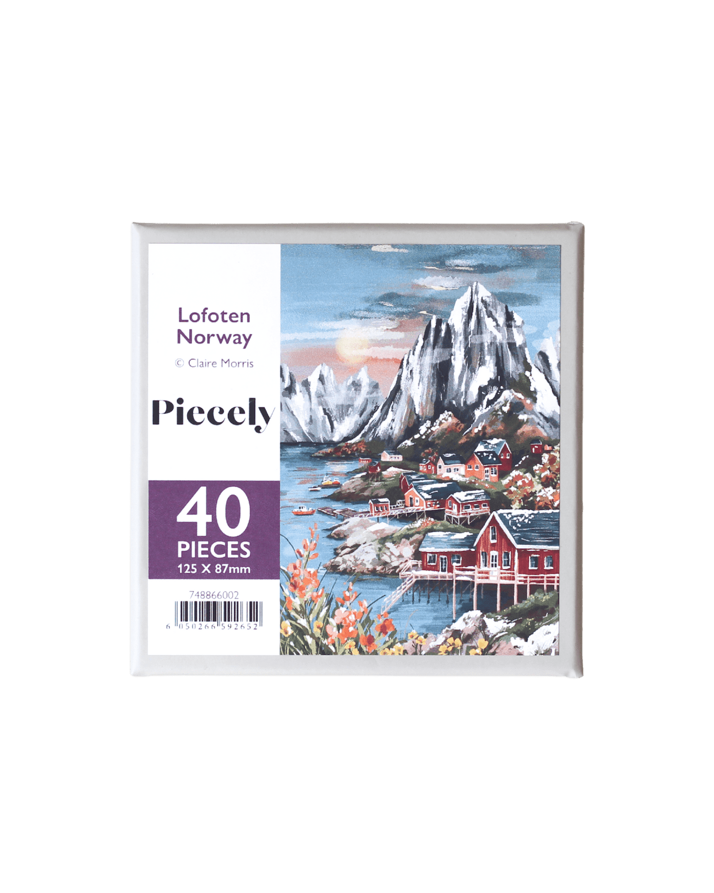 40-Teile-Holzpuzzle „Lofoten Norway“ von Piecely – Illustration der Lofoten mit Bergen, Meer und roten Fischerhütten von Claire Morris.