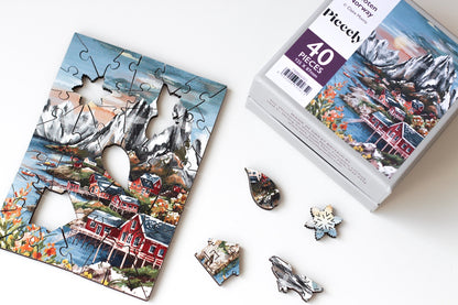 40-Teile-Holzpuzzle „Lofoten Norway“ von Piecely – Illustration der Lofoten mit Bergen, Meer und roten Fischerhütten von Claire Morris.
