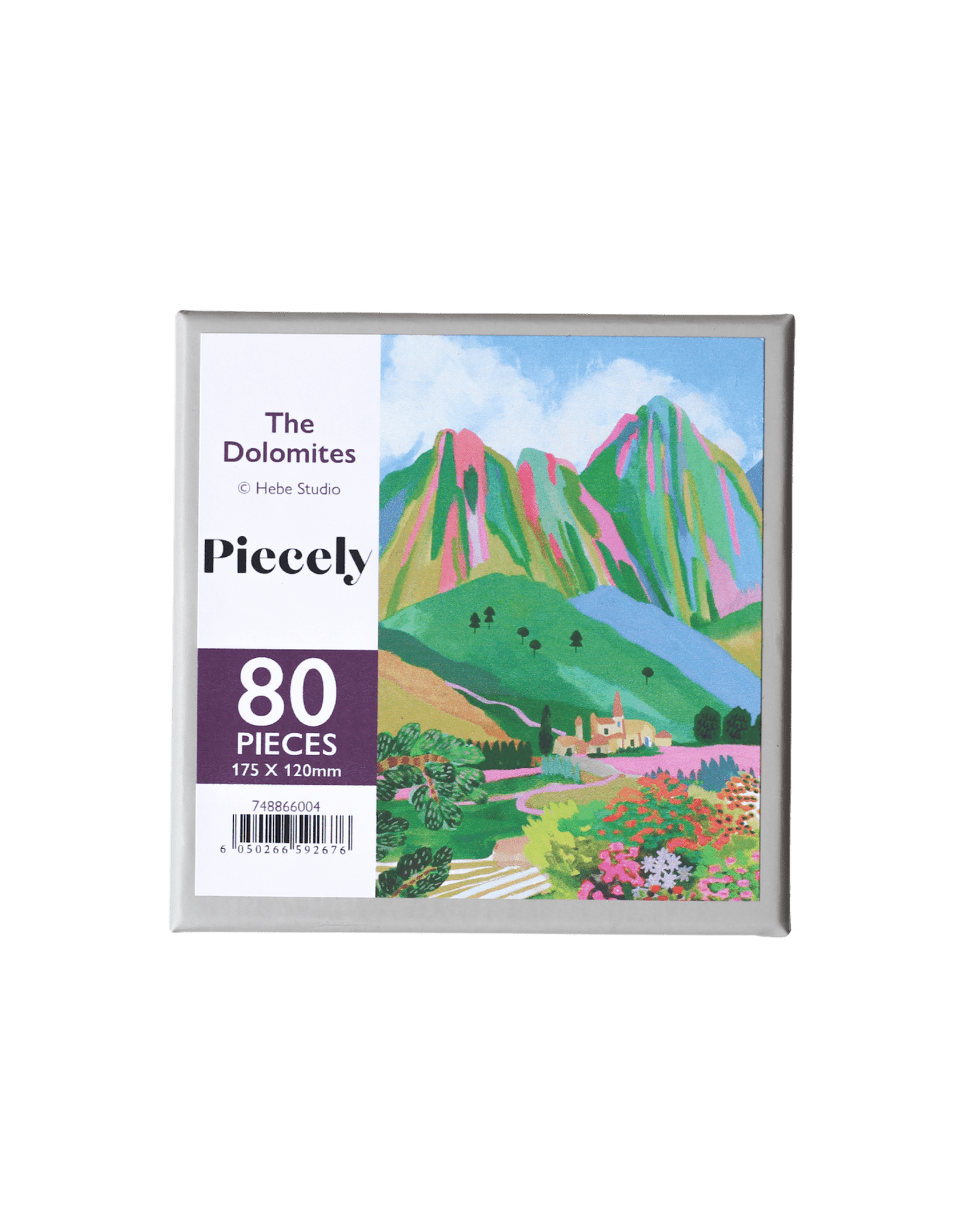 80-Teile-Holzpuzzle „The Dolomites“ von Piecely – farbenfrohe Illustration einer Berglandschaft mit Dorf und Blumen von Hebe Studio.
