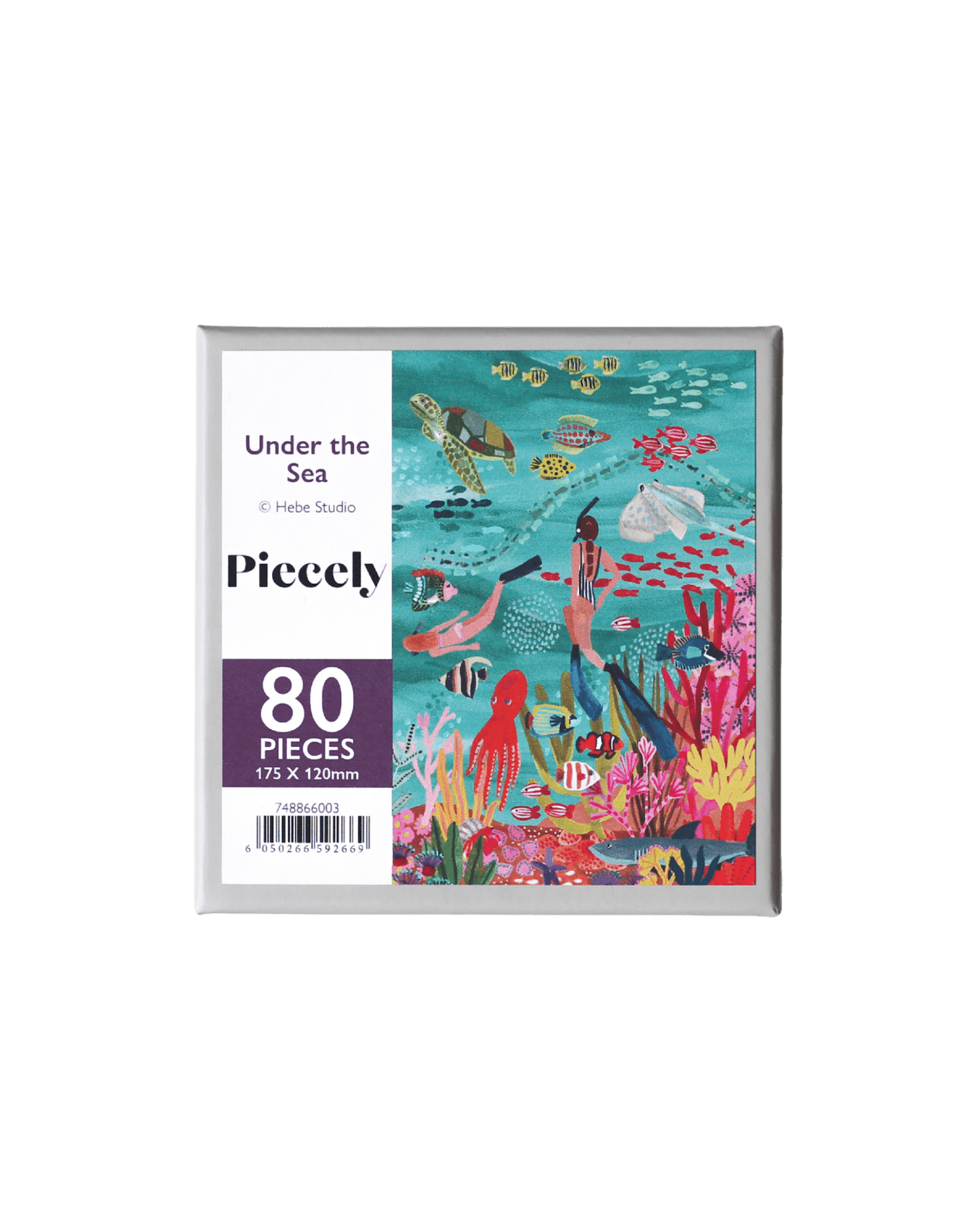 80-Teile-Holzpuzzle „Under the Sea“ von Piecely – farbenfrohe Unterwasser-Illustration mit Fischen, Schildkröte, Oktopus und Korallen von Hebe Studio.