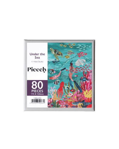 80-Teile-Holzpuzzle „Under the Sea“ von Piecely – farbenfrohe Unterwasser-Illustration mit Fischen, Schildkröte, Oktopus und Korallen von Hebe Studio.