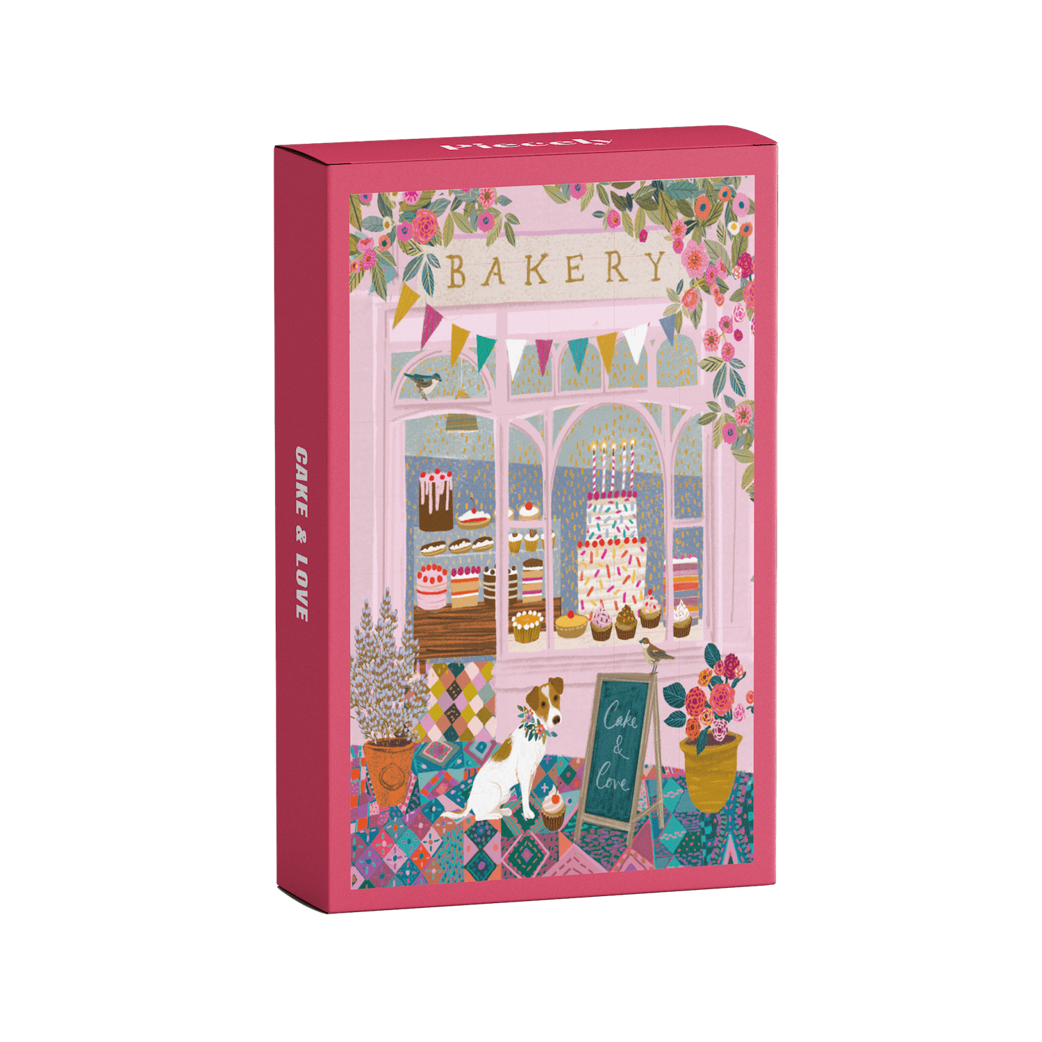 Plastikfreies Minipuzzle für Erwachsene, das eine rosa Bäckerei mit Torten und Cupcakes im Schaufenster und einen Hund vor der Tür zeigt.