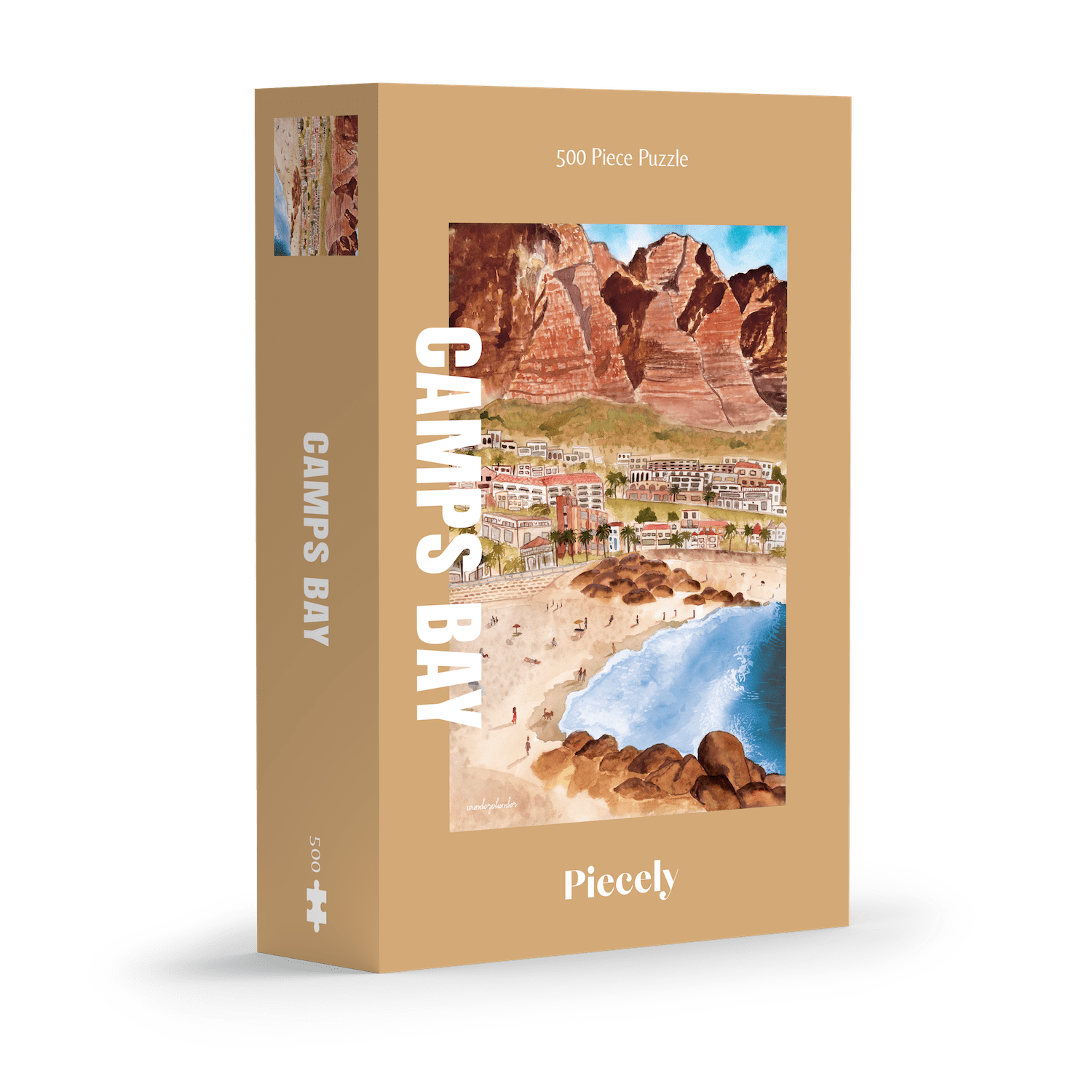 500-teiliges Puzzle für Erwachsene, das die Strandpromenade des Kapstädter Viertels Camps Bay zeigt. Im Vordergrund sind man Sandstrand und blaues Meer und im Hintergrund Häuserketten und die Berge.