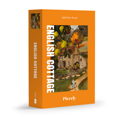 Plastikfreies Puzzle für Erwachsene, das ein Cottage auf dem englischen Land im Herbst zeigt. Vor dem Cottage stehen ein Birnbaum und eine Schafherde. Eine Frau fährt auf einem Fahrrad den Weg zum Cottage hoch.