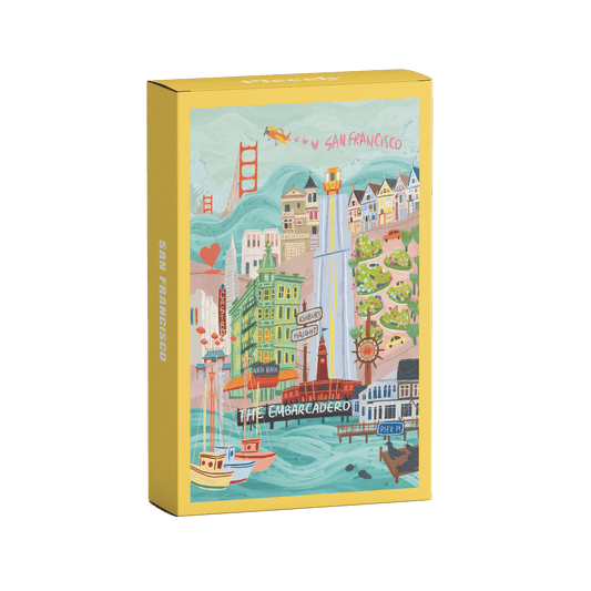 Plastikfreies Minipuzzle für Erwachsene, das die Hauptsehenswürdigkeiten San Franciscos in den USA zeigt. Zu sehen sind z.B. die Golden Gate Bridge, das Embarcadero und die Painted Ladies.