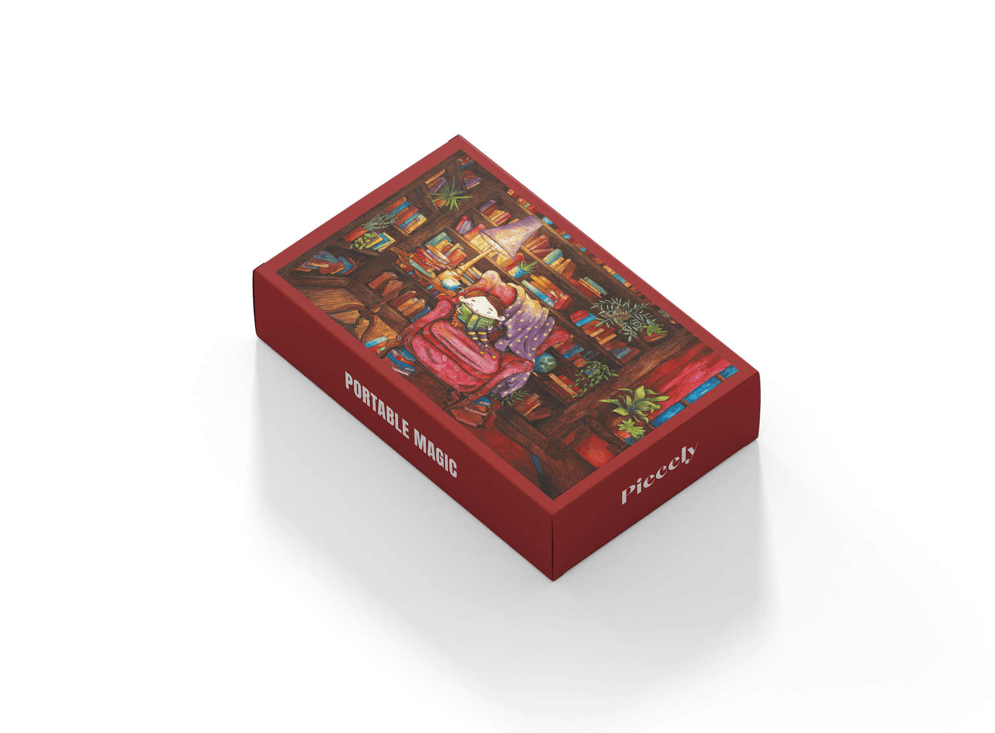 99-teiliges Portable Magic Minipuzzle für Erwachsene, das ein kleines Mädchen zeigt, wie es umgeben von prall gefüllten Bücherregalen auf einem Sessel sitzt und ein Buch liest.