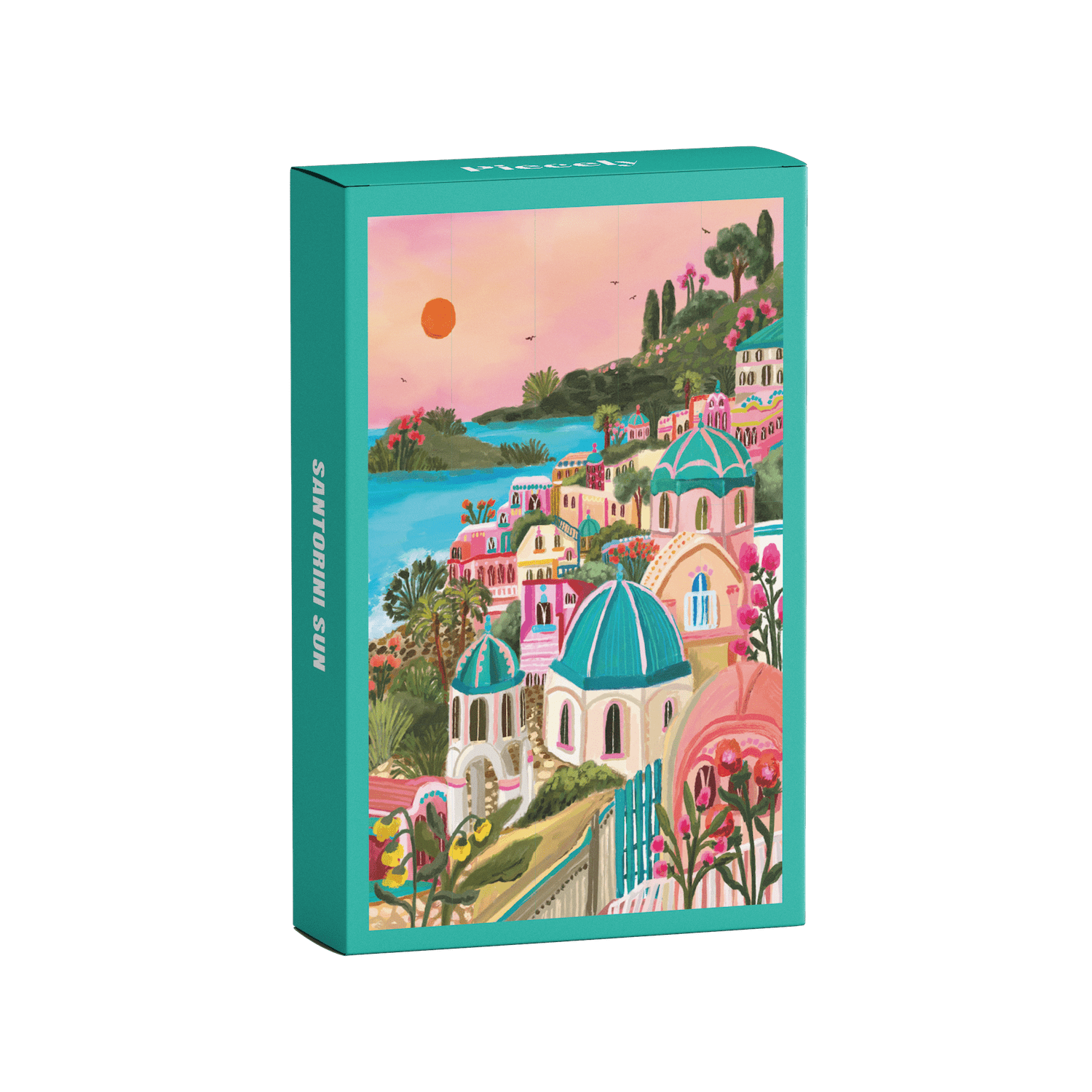 99-teiliges Minipuzzle für Erwachsene, das den griechischen Ort Santorini bei Sonnenuntergang zeigt.