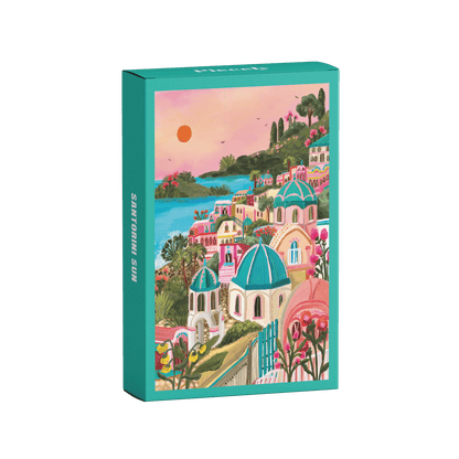 99-teiliges Minipuzzle für Erwachsene, das den griechischen Ort Santorini bei Sonnenuntergang zeigt.